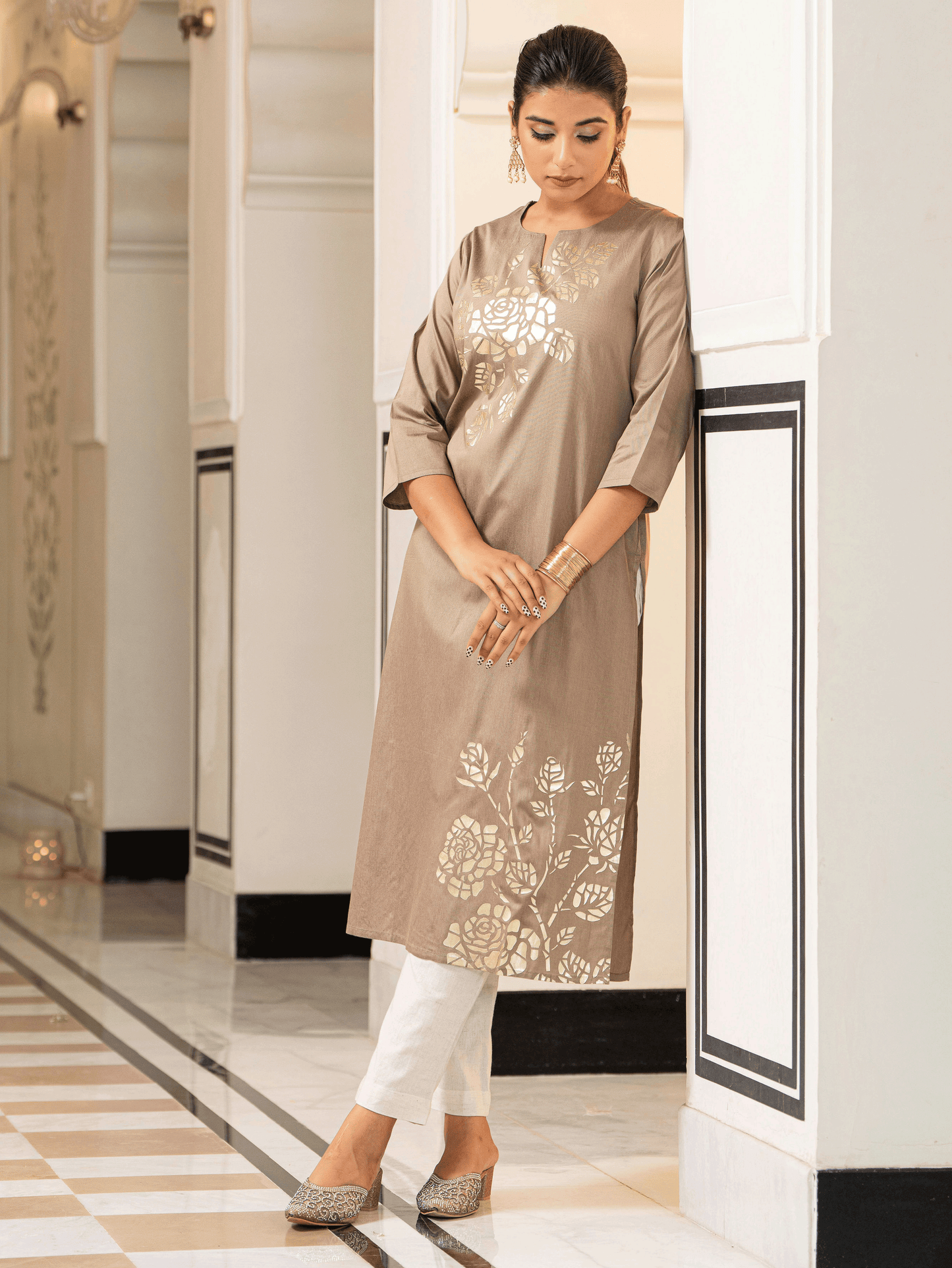 Chanderi Placement Print Straight Brown Kurta