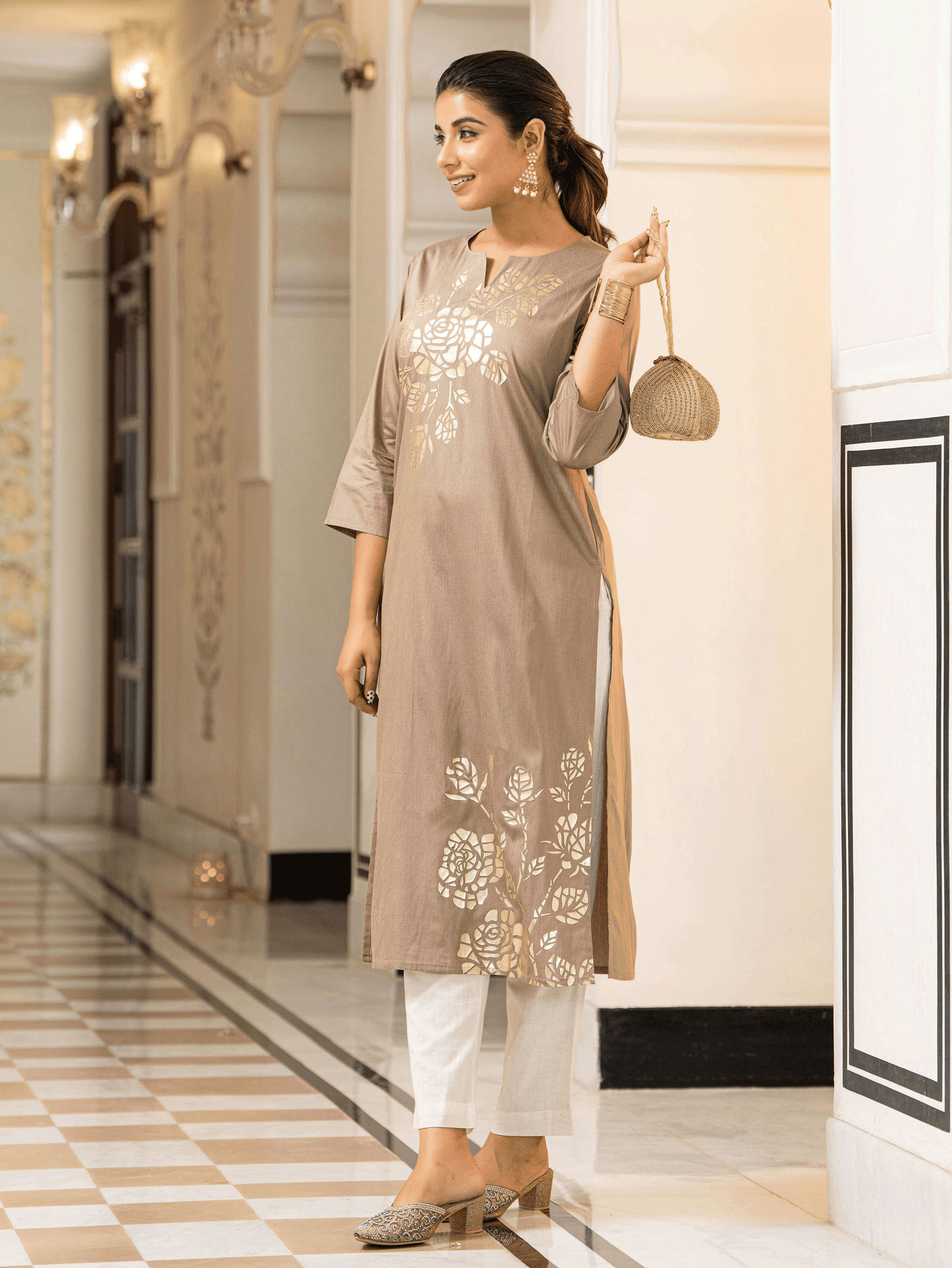 Chanderi Placement Print Straight Brown Kurta