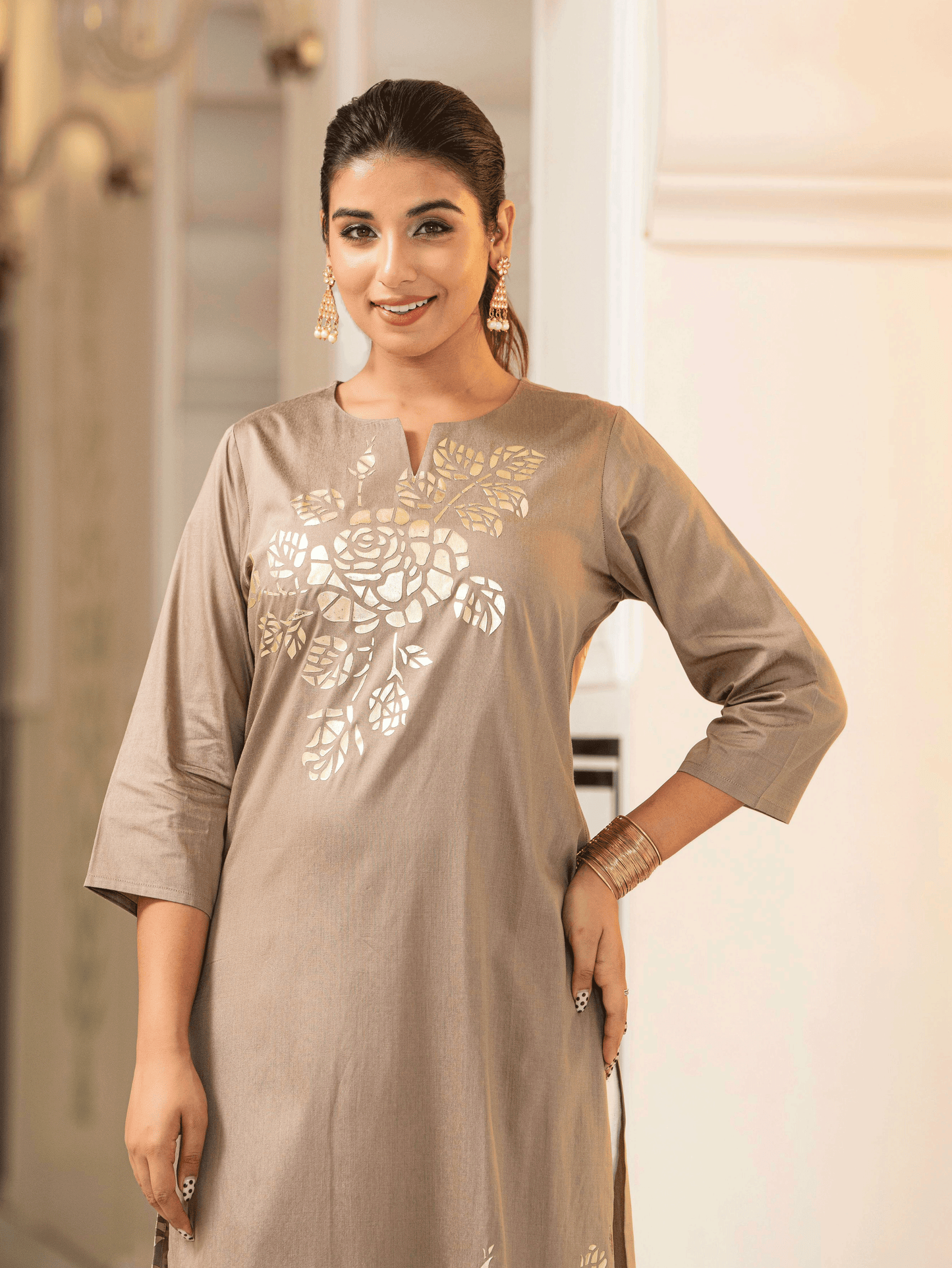 Chanderi Placement Print Straight Brown Kurta
