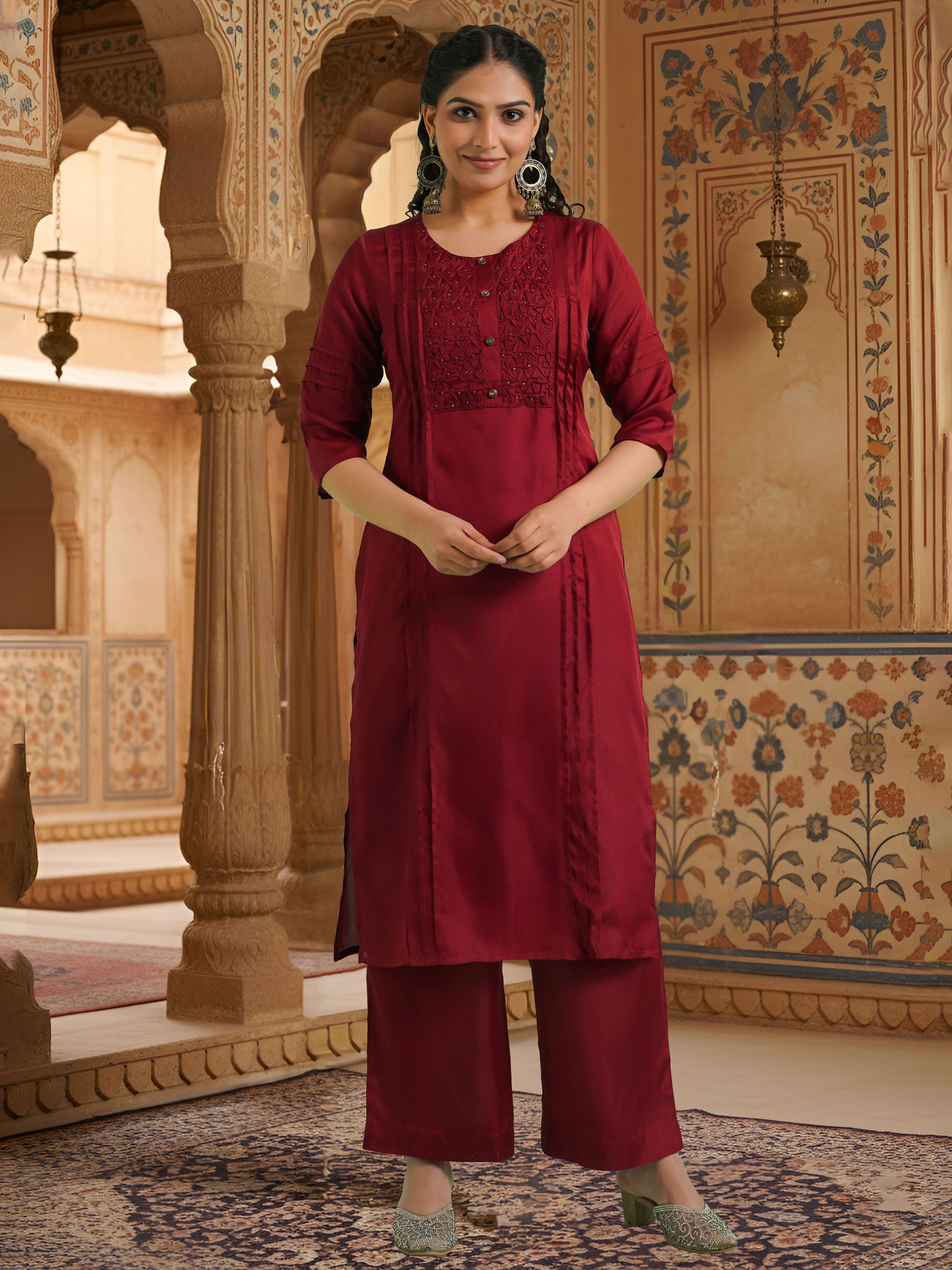 Crepe Solid Straight Maroon Kurta
