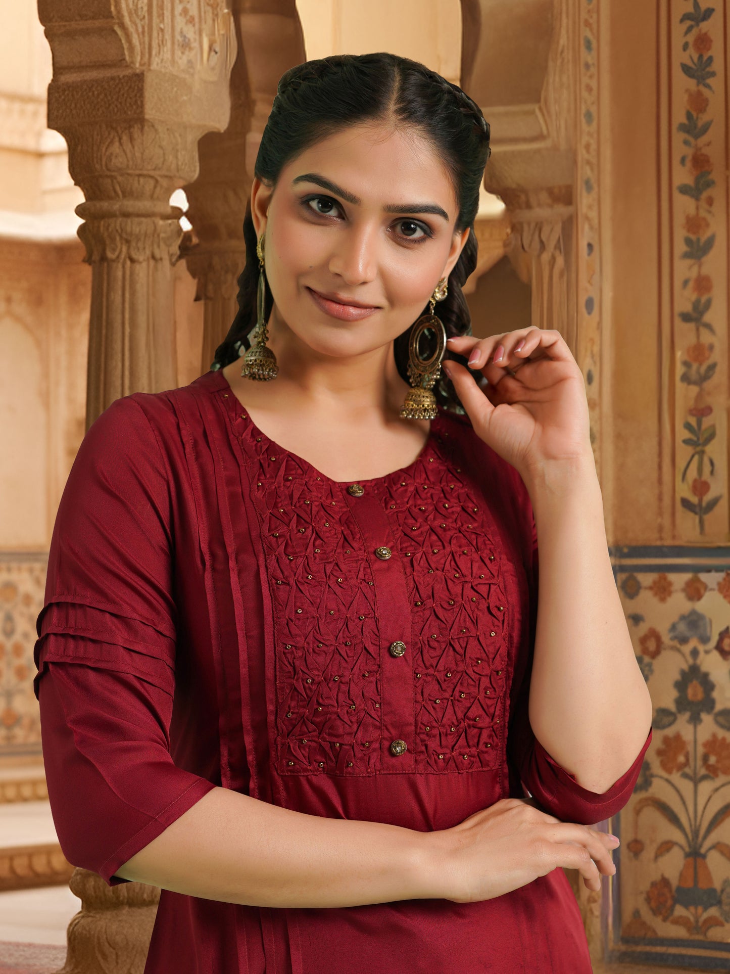 Crepe Solid Straight Maroon Kurta