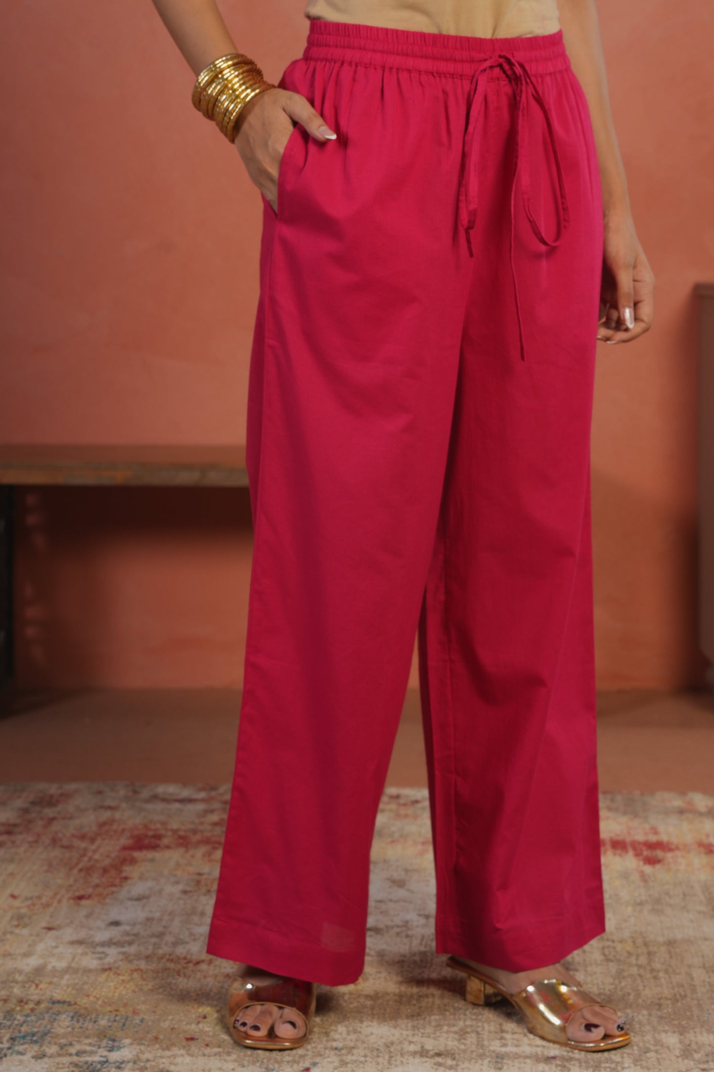 Soft Cotton Solid Pink Palazzo