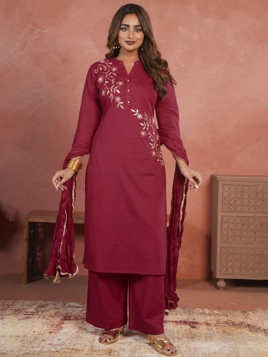 Embroidered Soft Cotton Solid Straight Pink Kurta