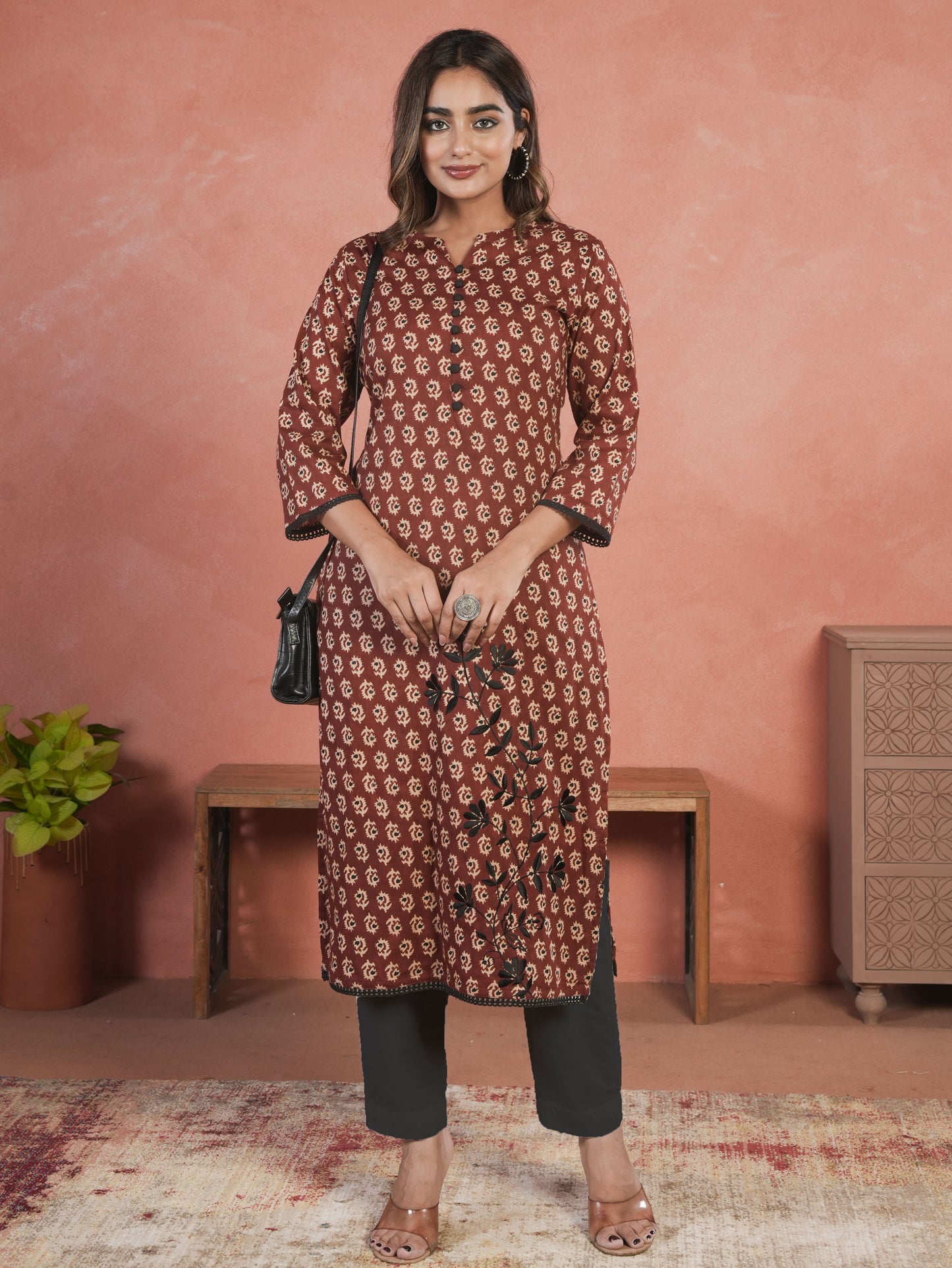 Embroidered Soft Cotton Butti Straight Maroon Kurta