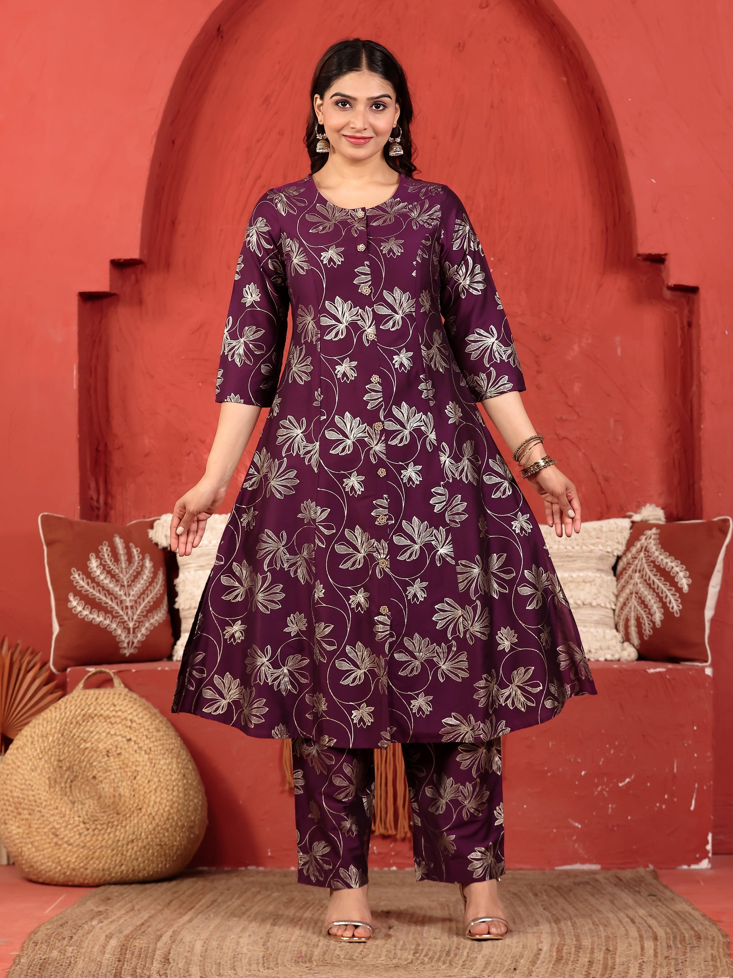 Chanderi Gold foil Flared Purple Kurta