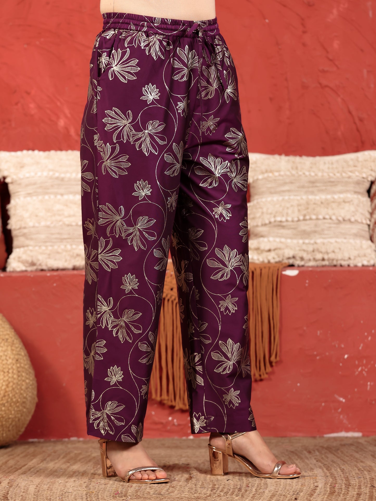 Chanderi Gold foil Flared Purple Kurta