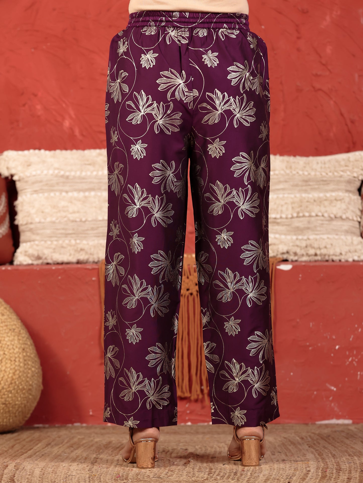 Chanderi Gold foil Flared Purple Kurta