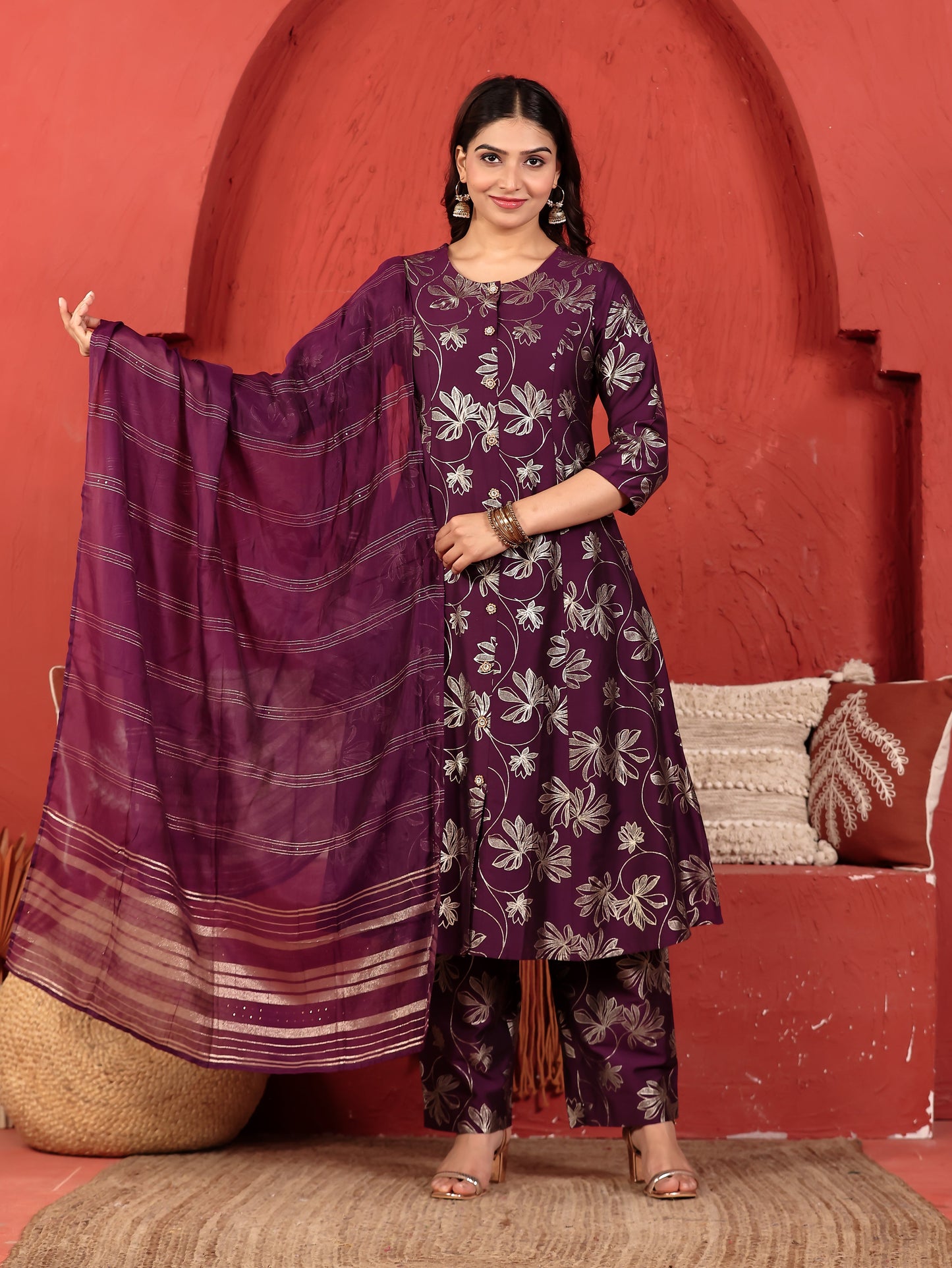 Chanderi Gold foil Flared Purple Kurta