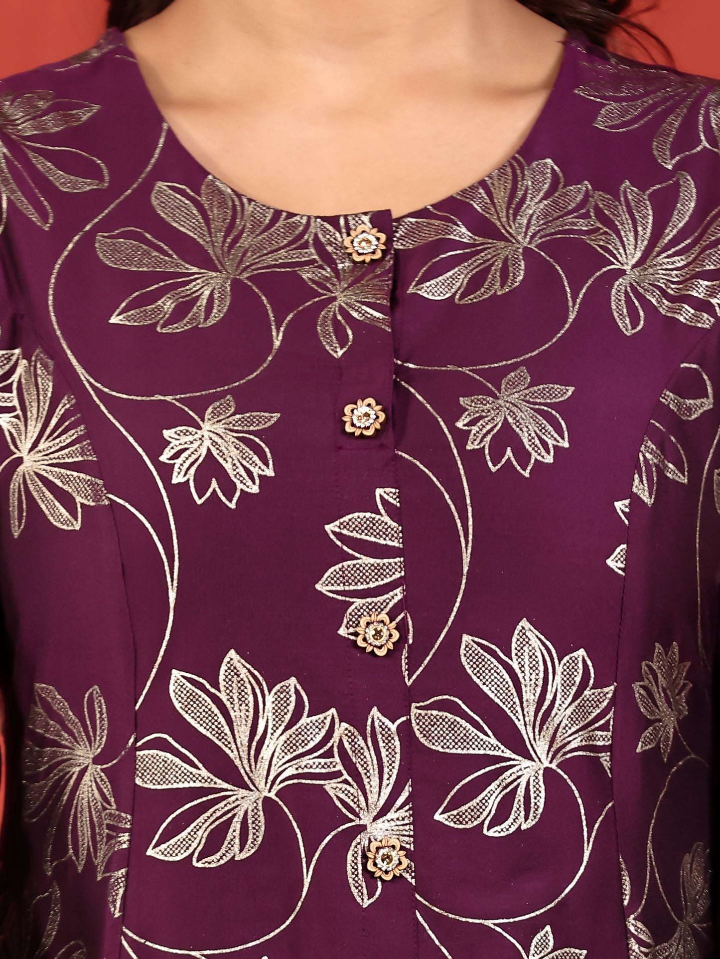 Chanderi Gold foil Flared Purple Kurta