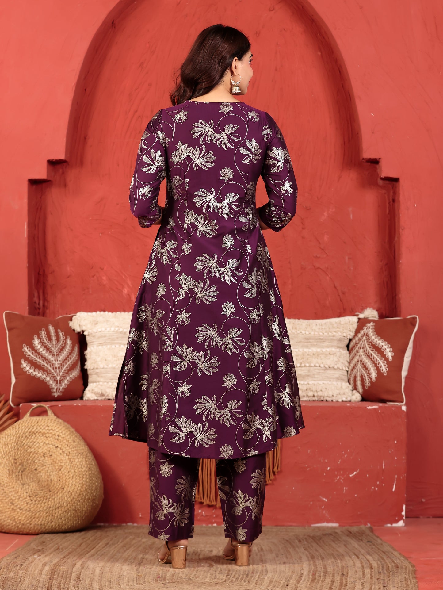 Chanderi Gold foil Flared Purple Kurta