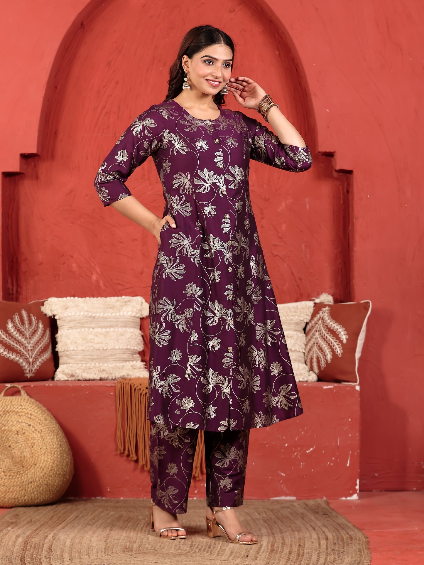 Chanderi Gold foil Flared Purple Kurta