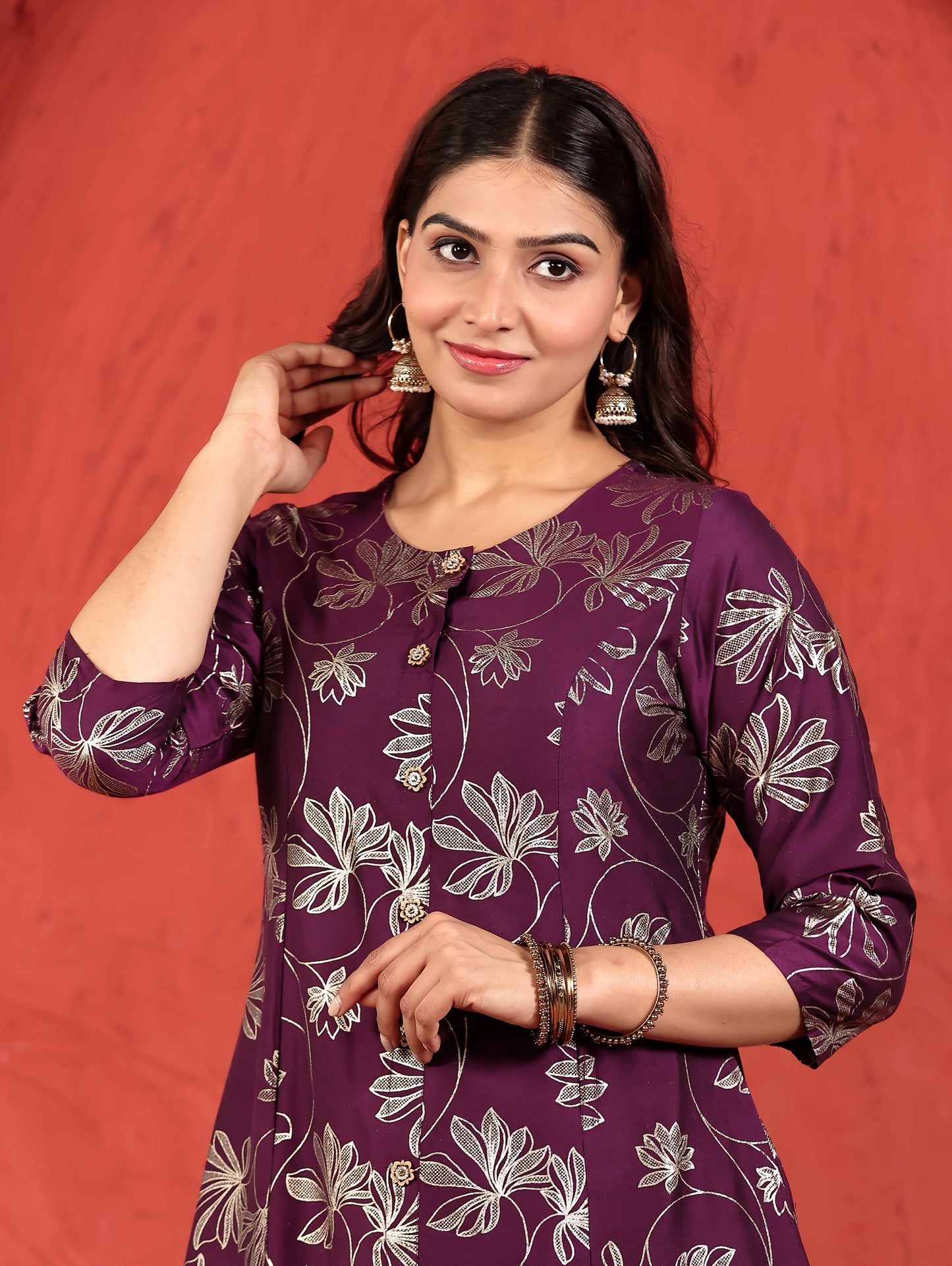 Chanderi Gold foil Flared Purple Kurta