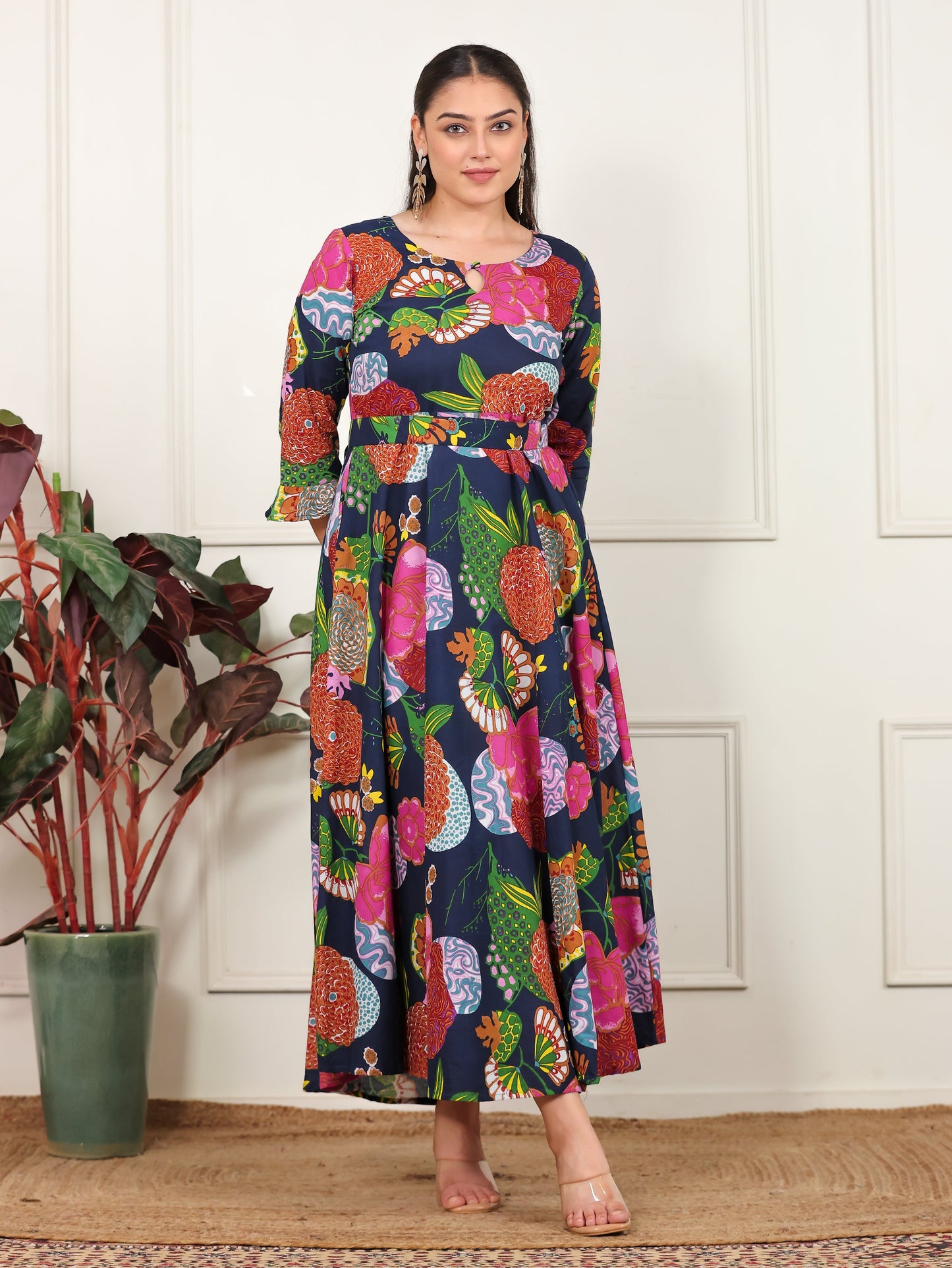 Soft Cotton Floral Anarkali Multicolor Dress