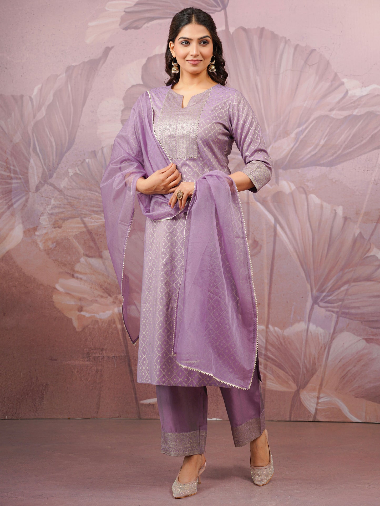 Chanderi Gold foil Straight Lavender Kurta