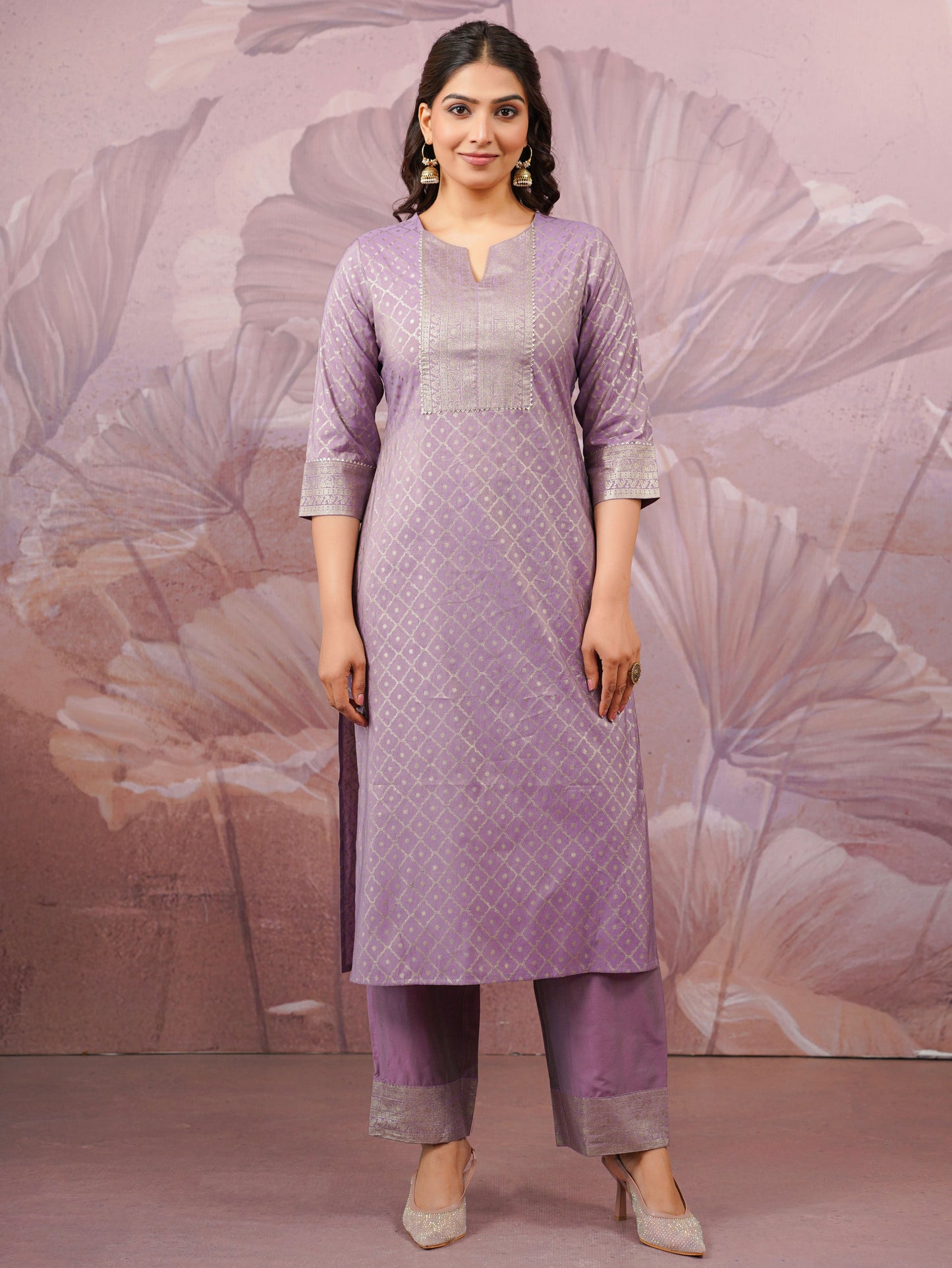Chanderi Gold foil Straight Lavender Kurta