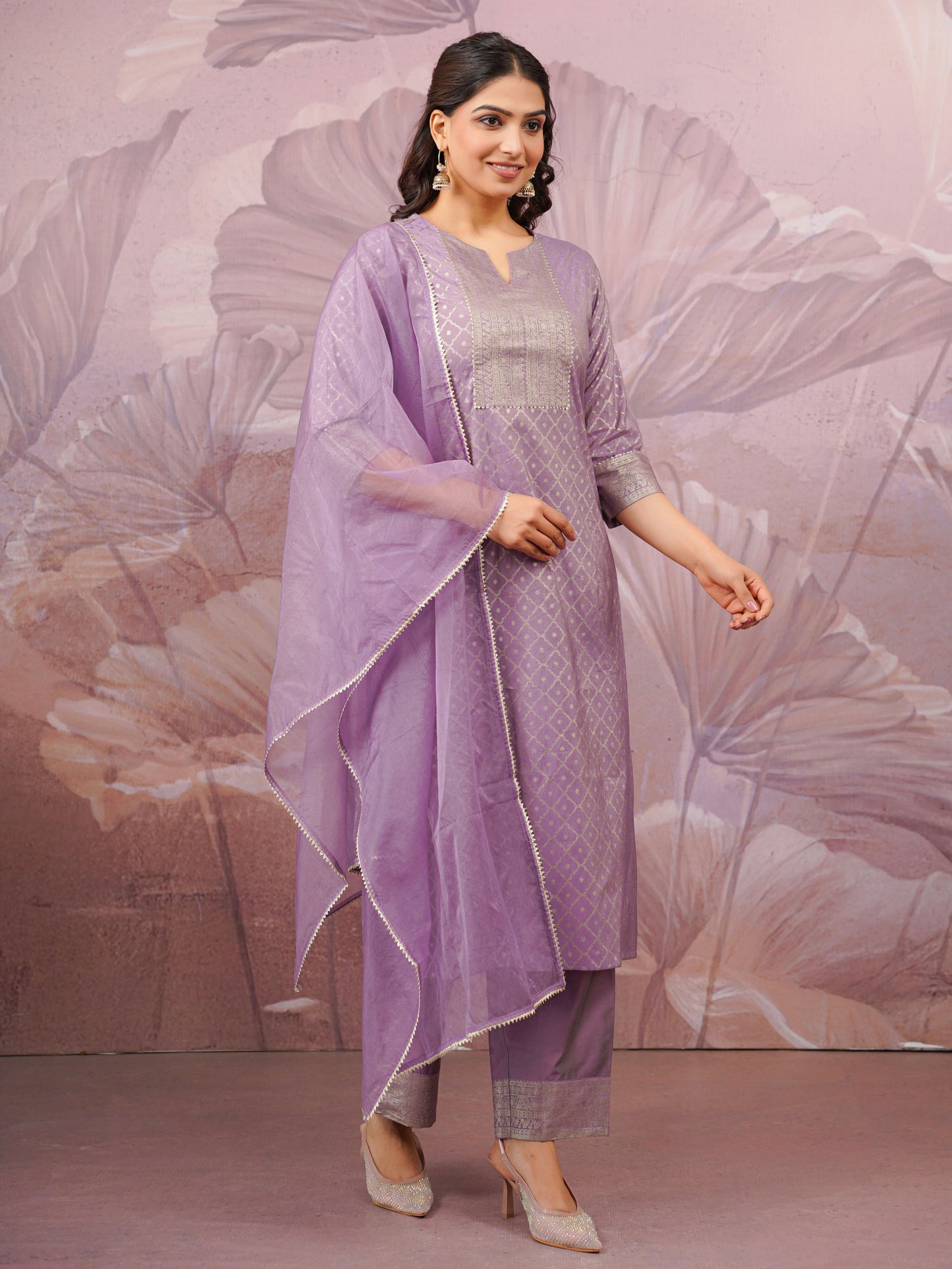 Chanderi Gold foil Straight Lavender Kurta