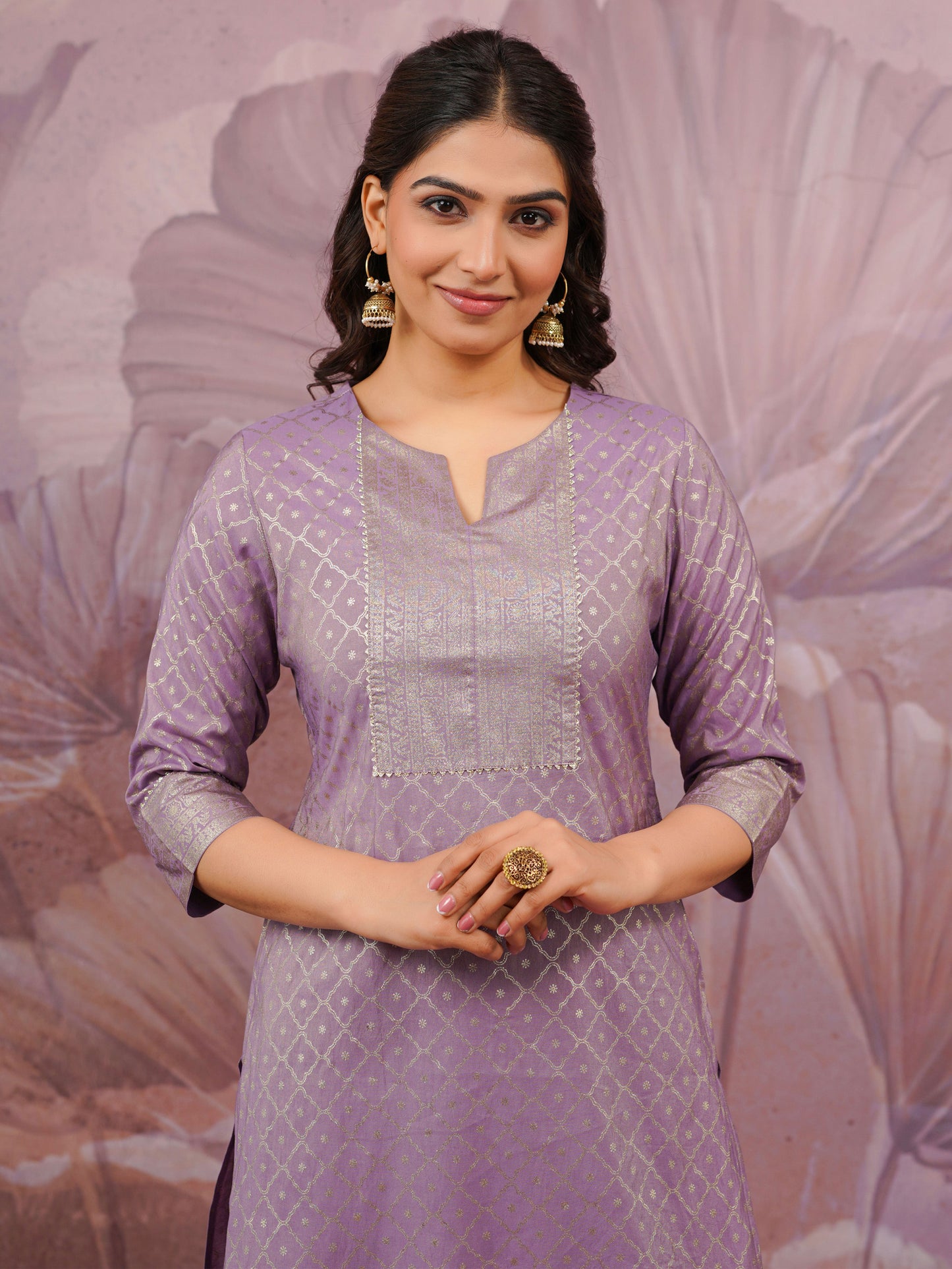 Chanderi Gold foil Straight Lavender Kurta