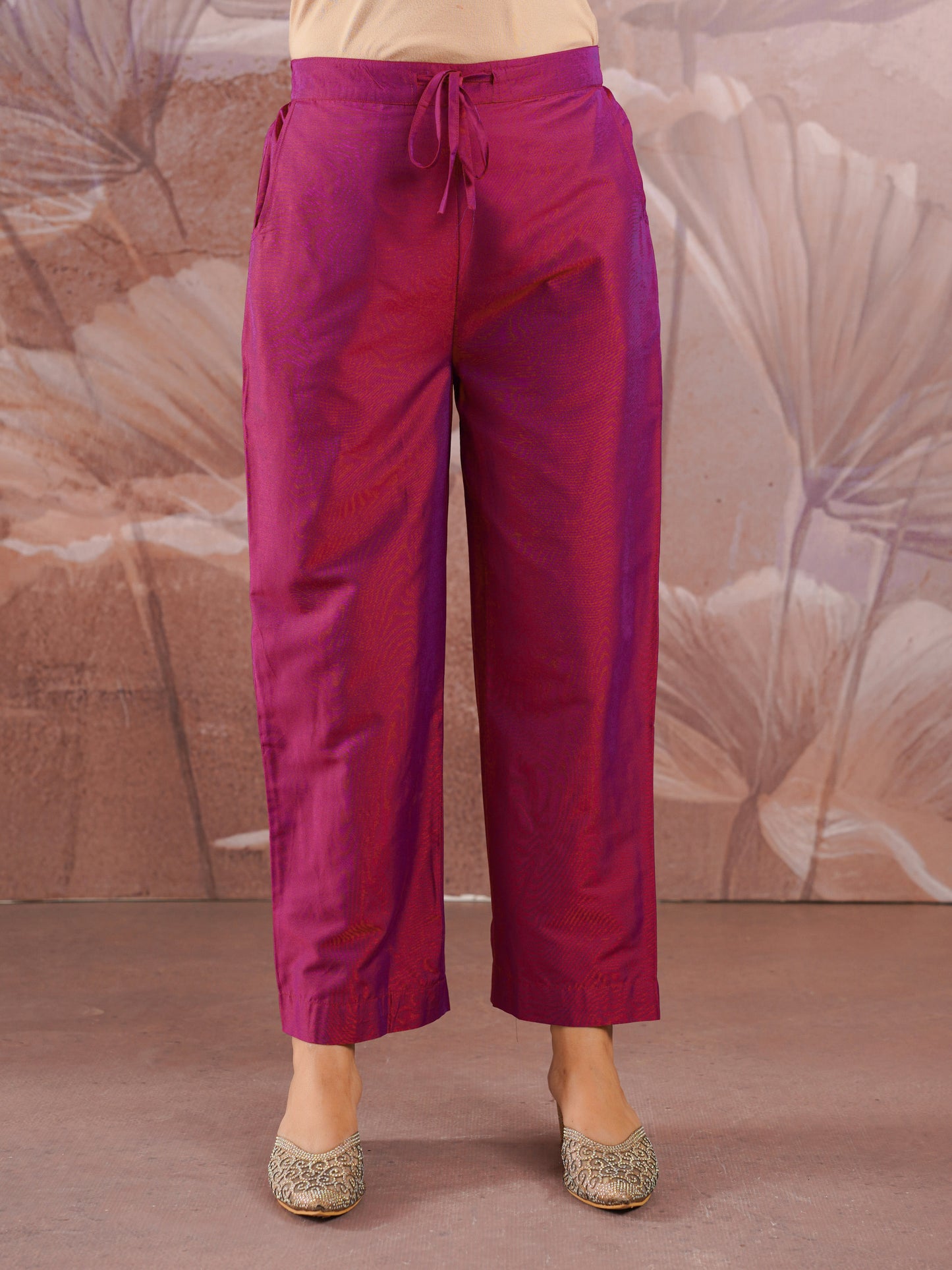 Chanderi Solid Pink Straight Trousers