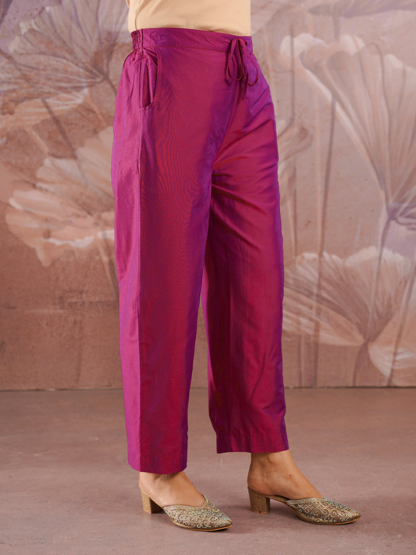 Chanderi Solid Pink Straight Trousers