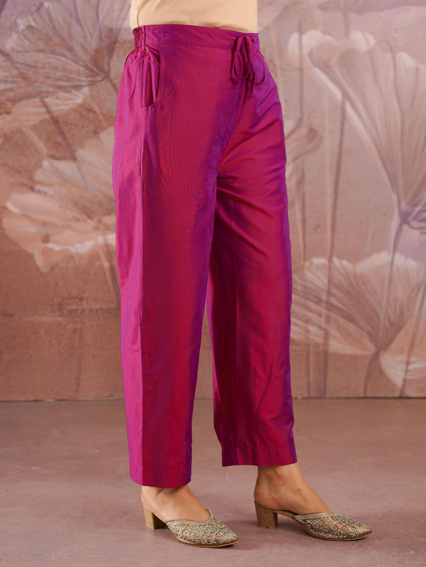 Chanderi Gold foil Straight Pink Kurta