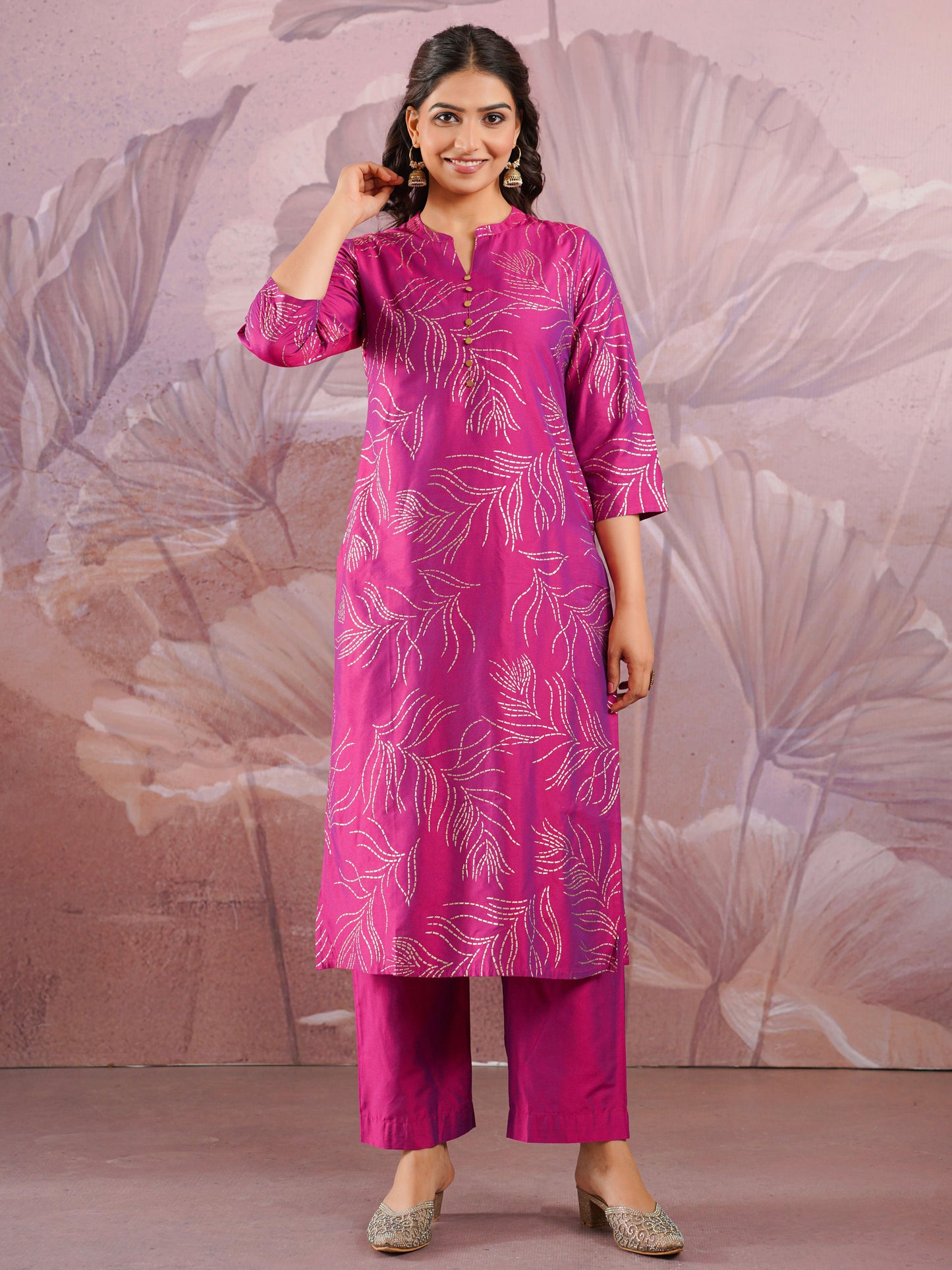 Chanderi Gold foil Straight Pink Kurta