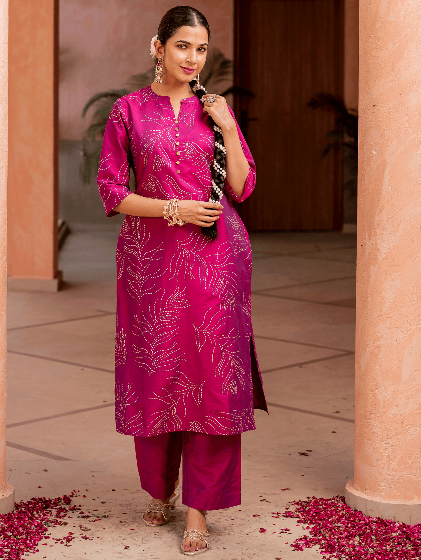 Chanderi Gold foil Straight Pink Kurta