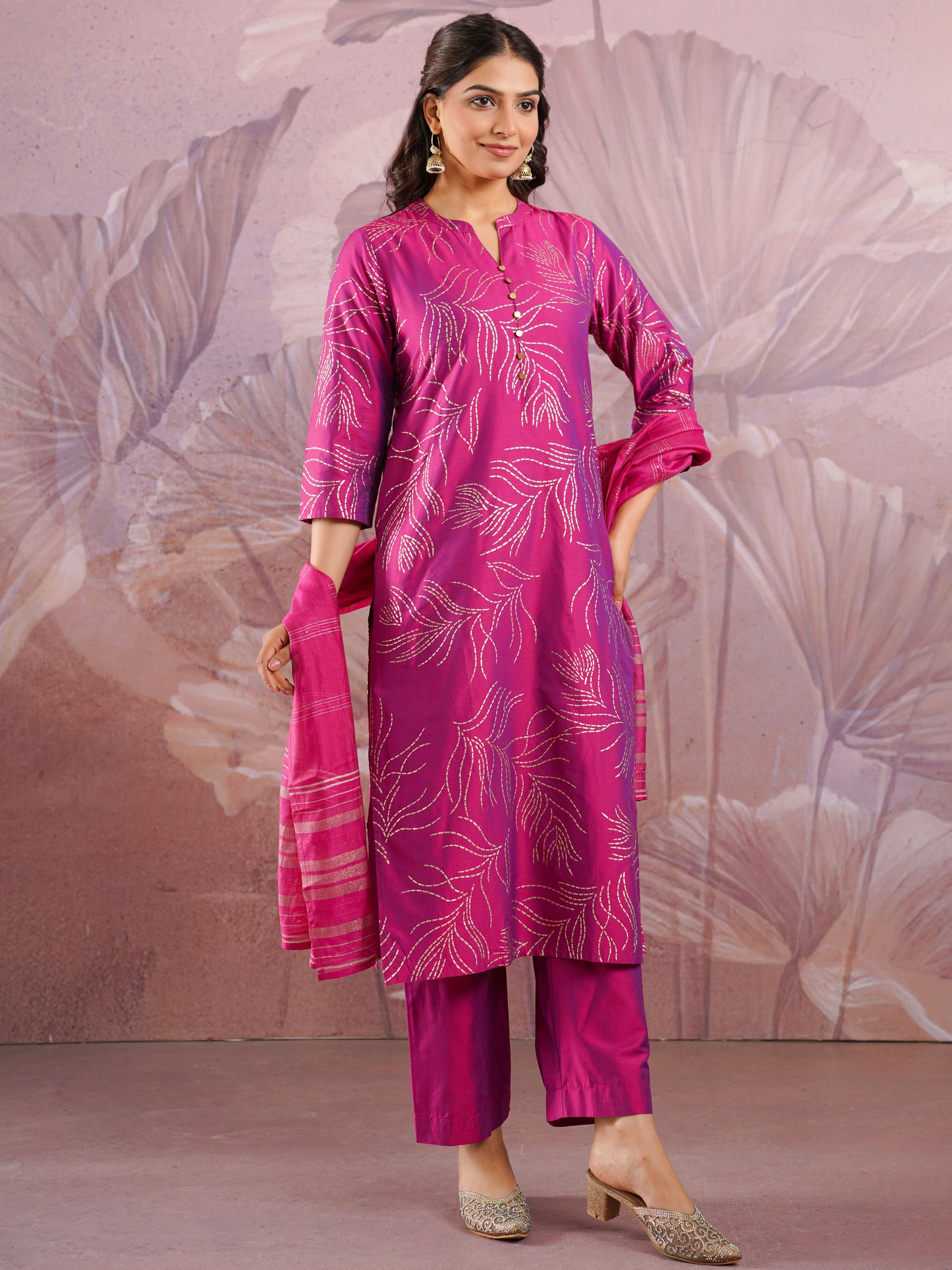Chanderi Gold foil Straight Pink Kurta
