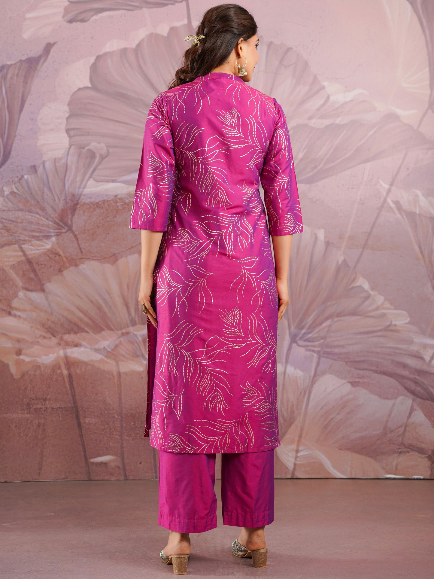 Chanderi Gold foil Straight Pink Kurta