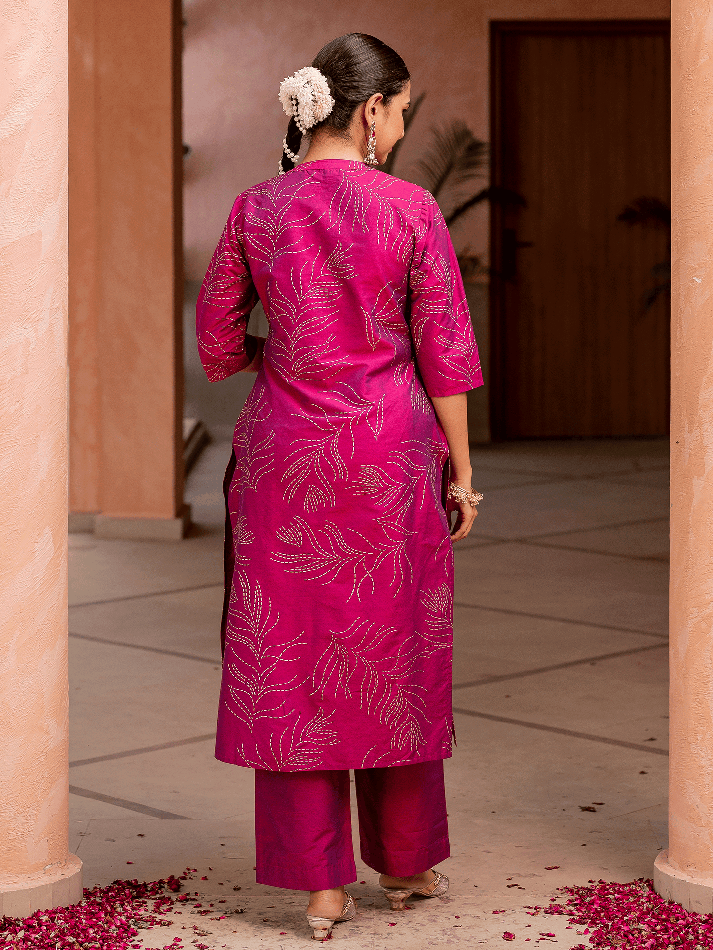Chanderi Gold foil Straight Pink Kurta