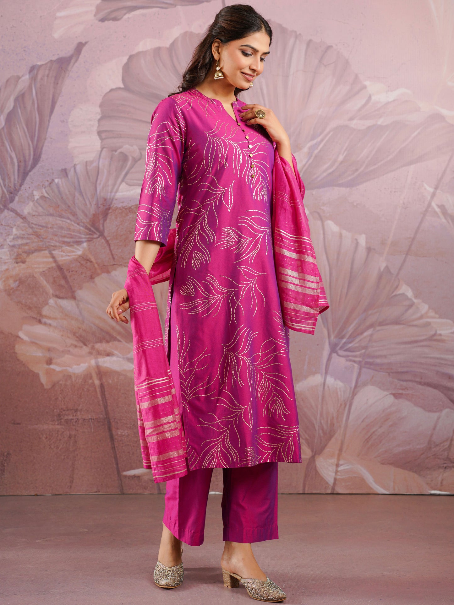 Chanderi Gold foil Straight Pink Kurta