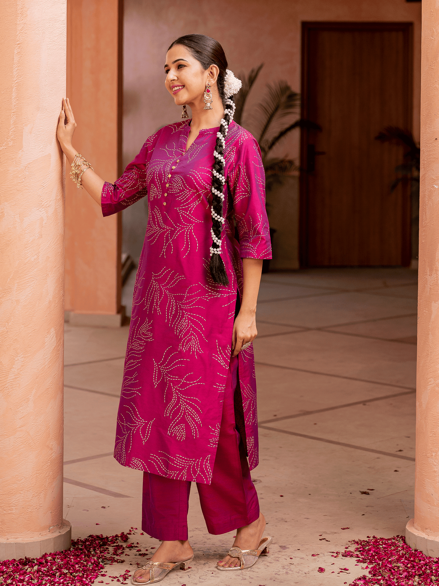 Chanderi Gold foil Straight Pink Kurta