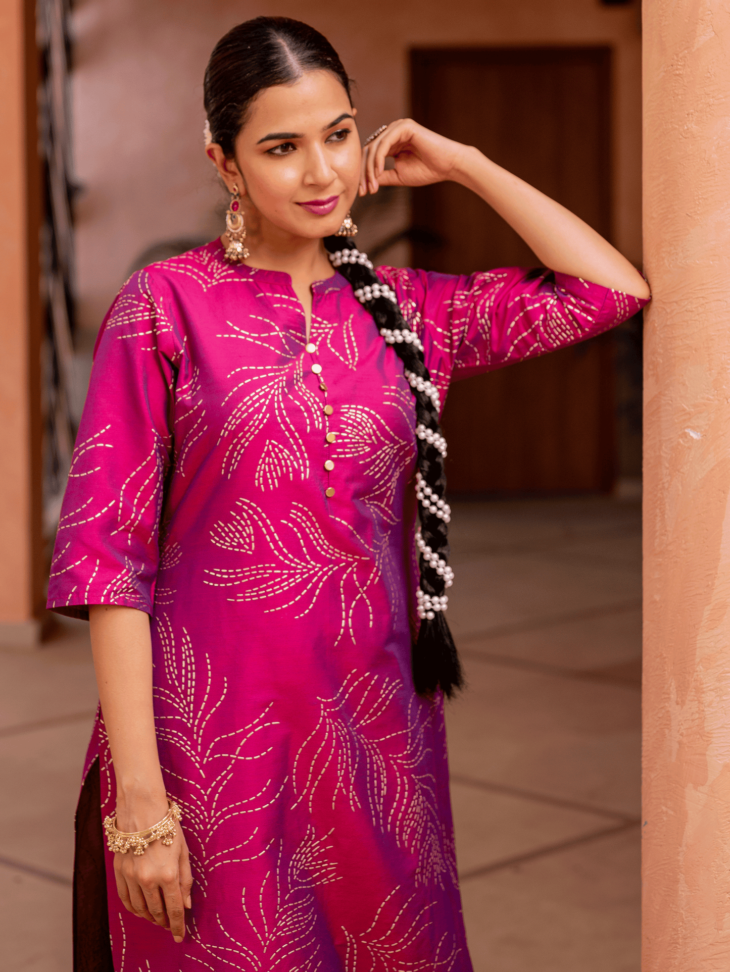 Chanderi Gold foil Straight Pink Kurta