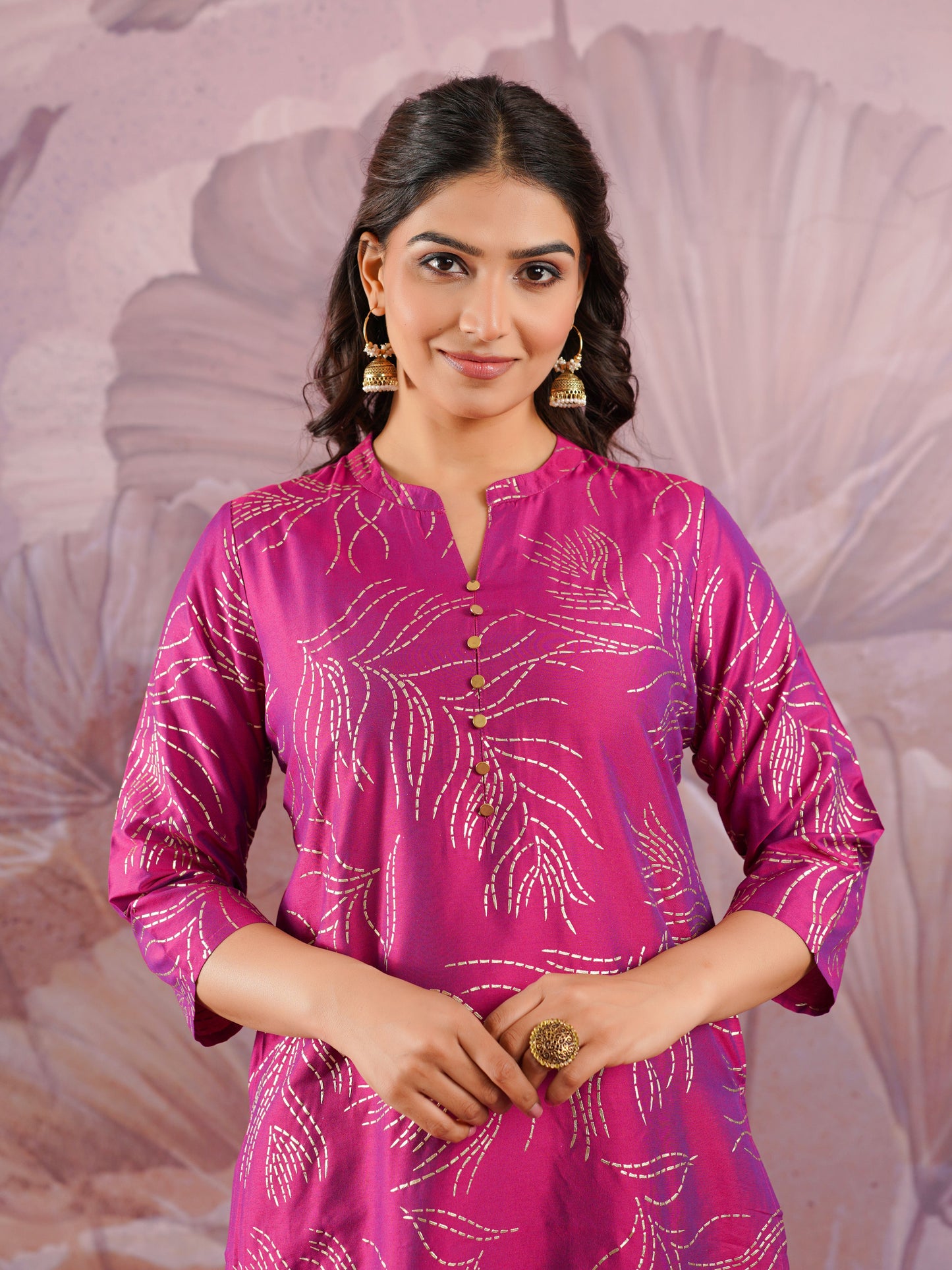 Chanderi Gold foil Straight Pink Kurta