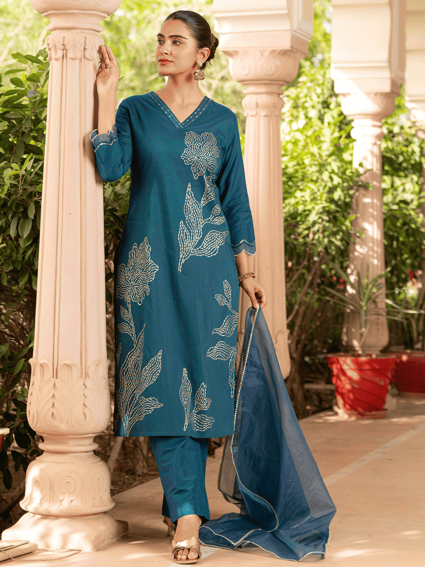 Embroidered Chanderi Placement Print A-line Teal Kurta