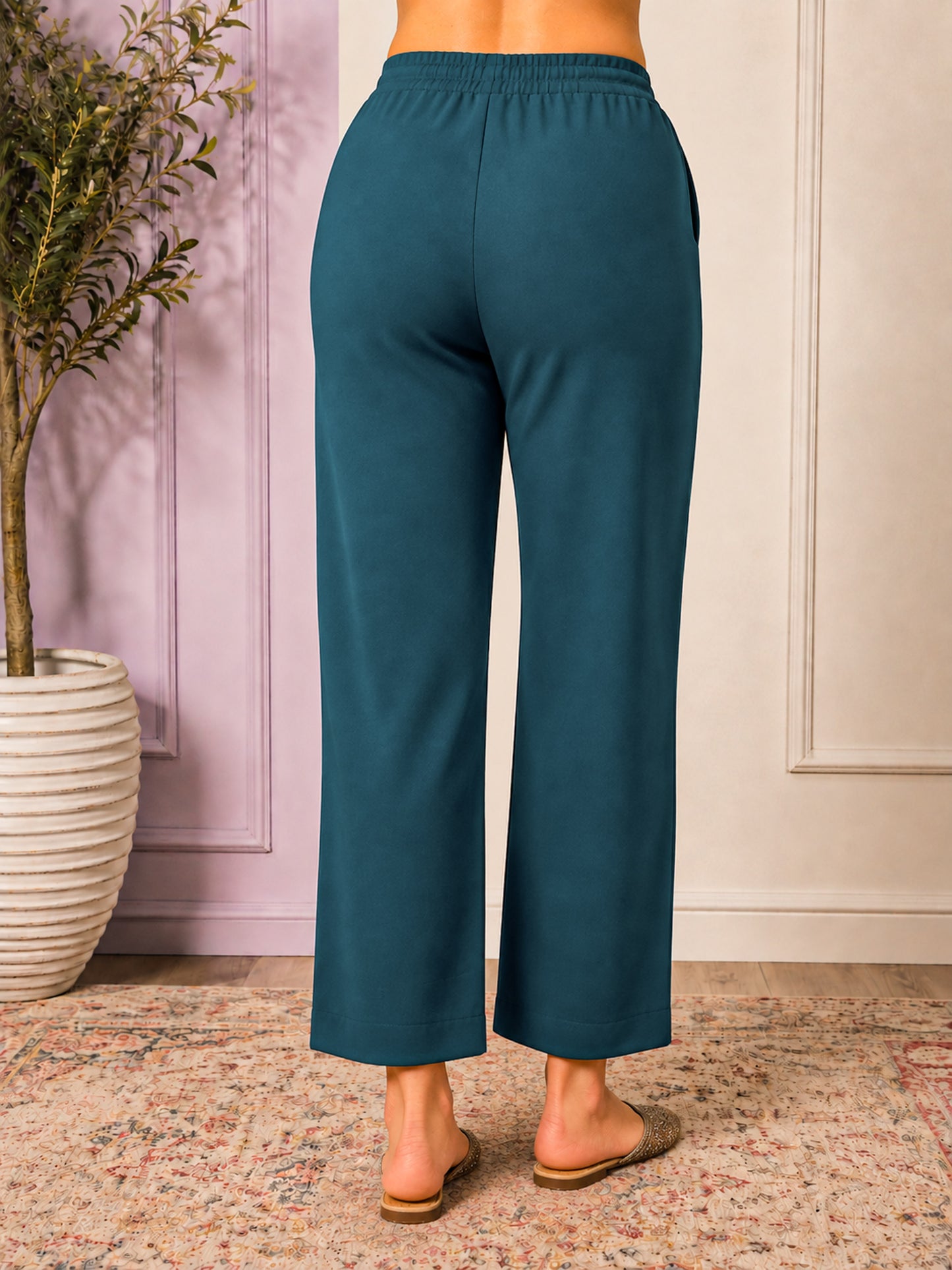 Chanderi Solid Teal Straight Trousers