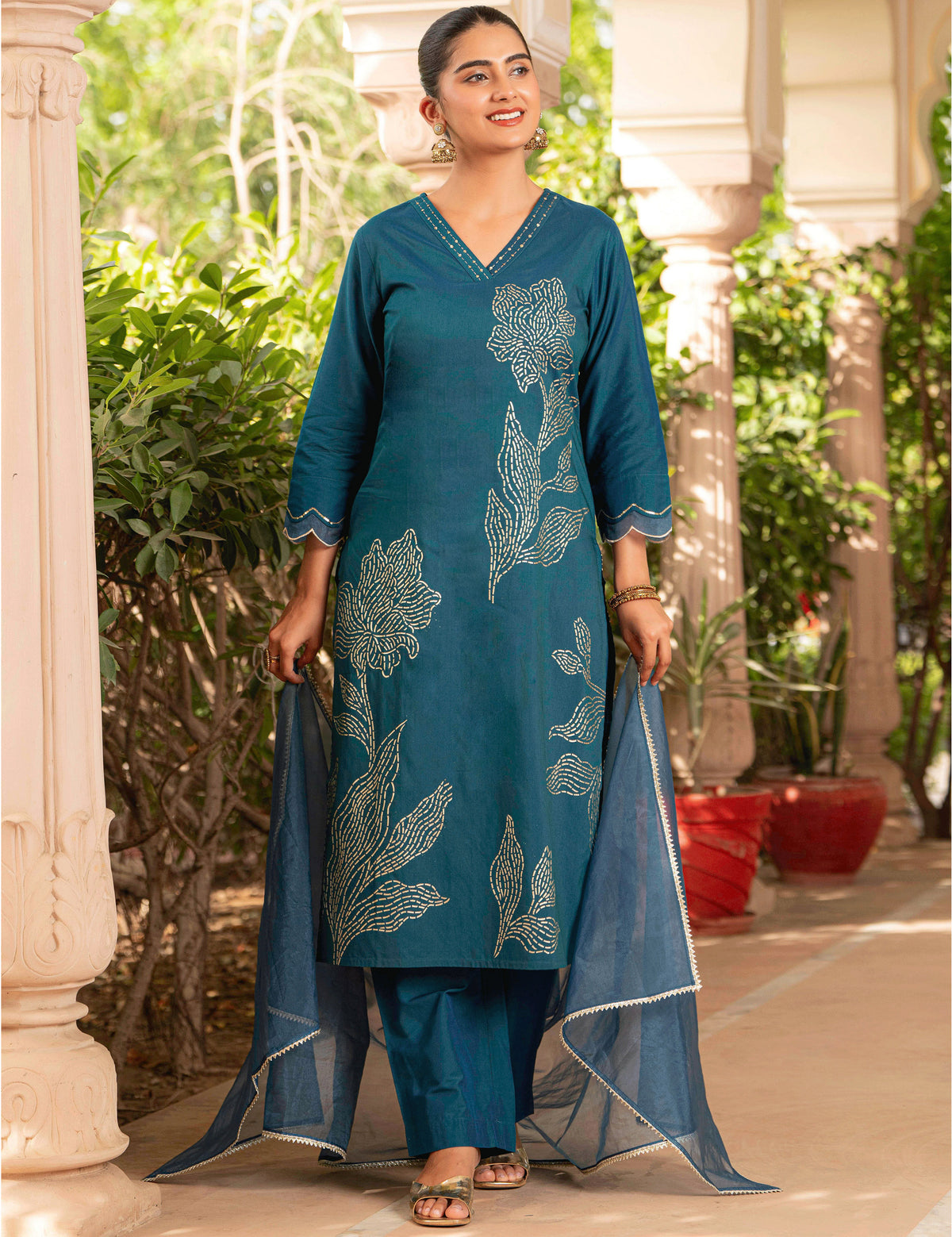 Embroidered Chanderi Placement Print Straight Teal Kurta