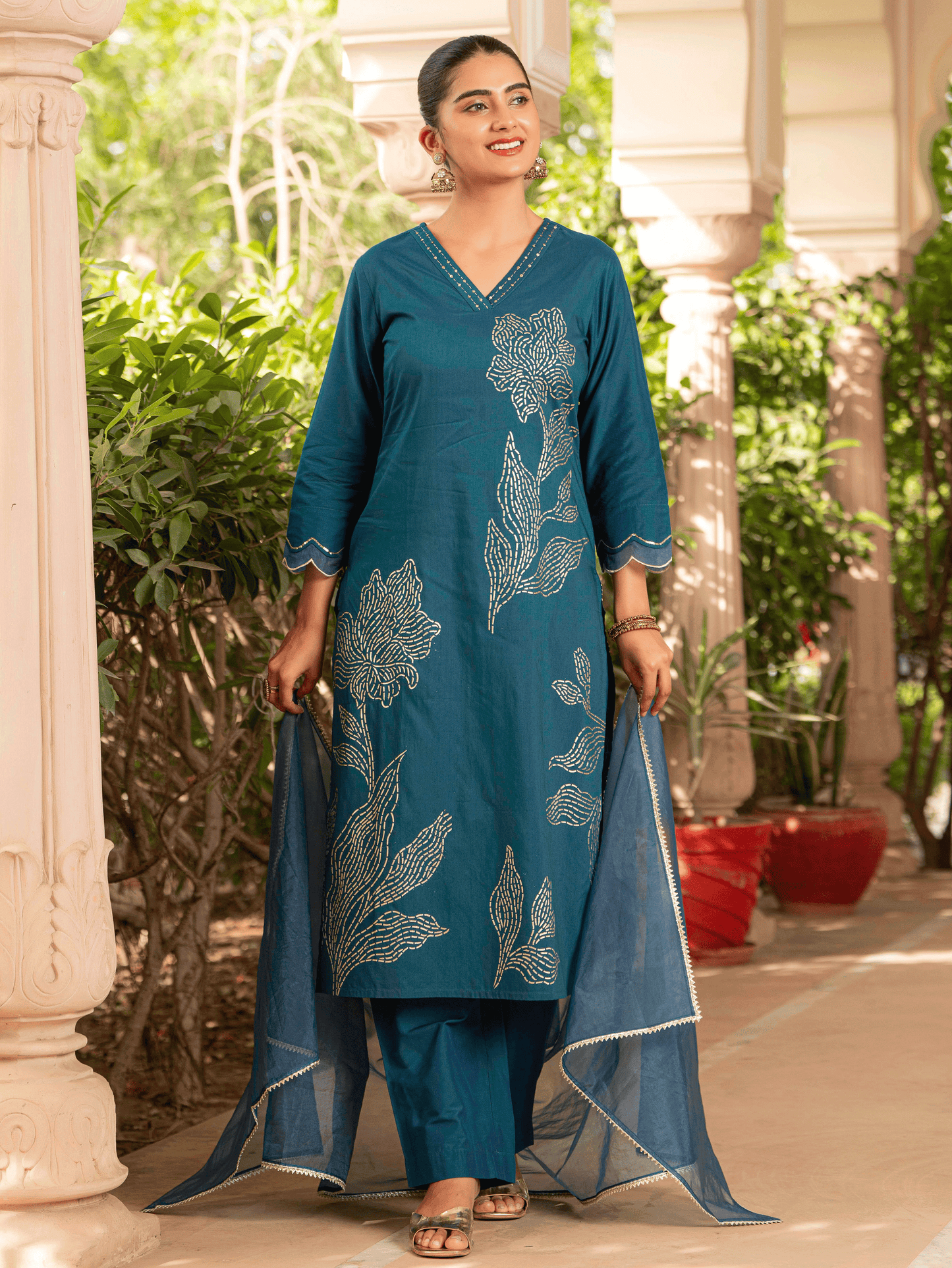 Embroidered Chanderi Placement Print A-line Teal Kurta