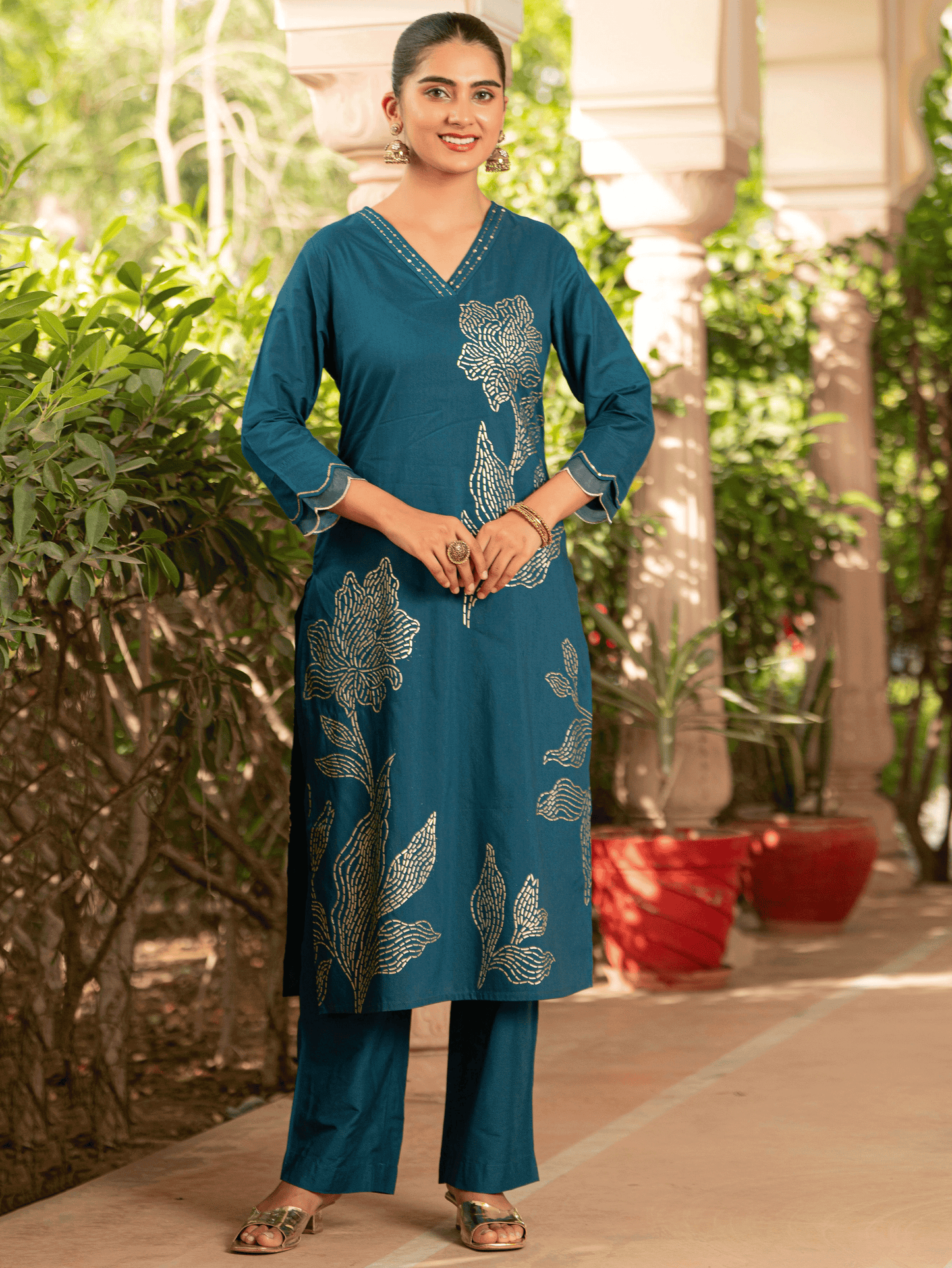 Embroidered Chanderi Placement Print A-line Teal Kurta