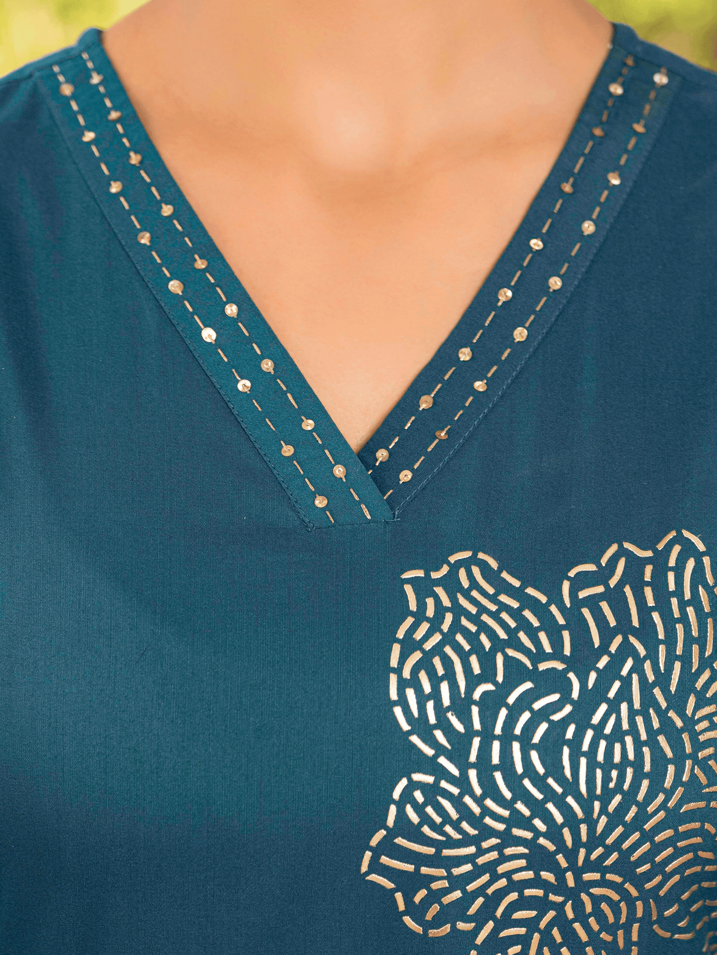 Embroidered Chanderi Placement Print A-line Teal Kurta