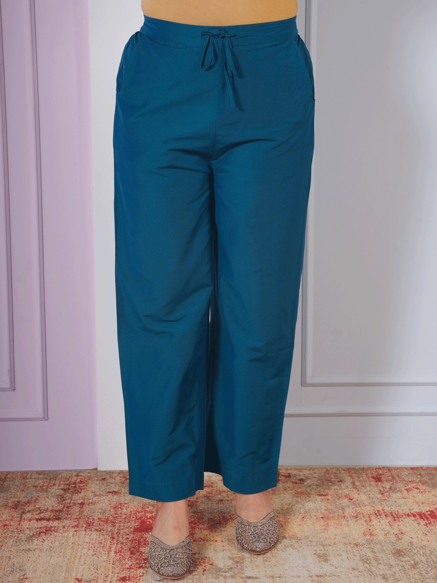 Embroidered Chanderi Placement Print A-line Teal Kurta