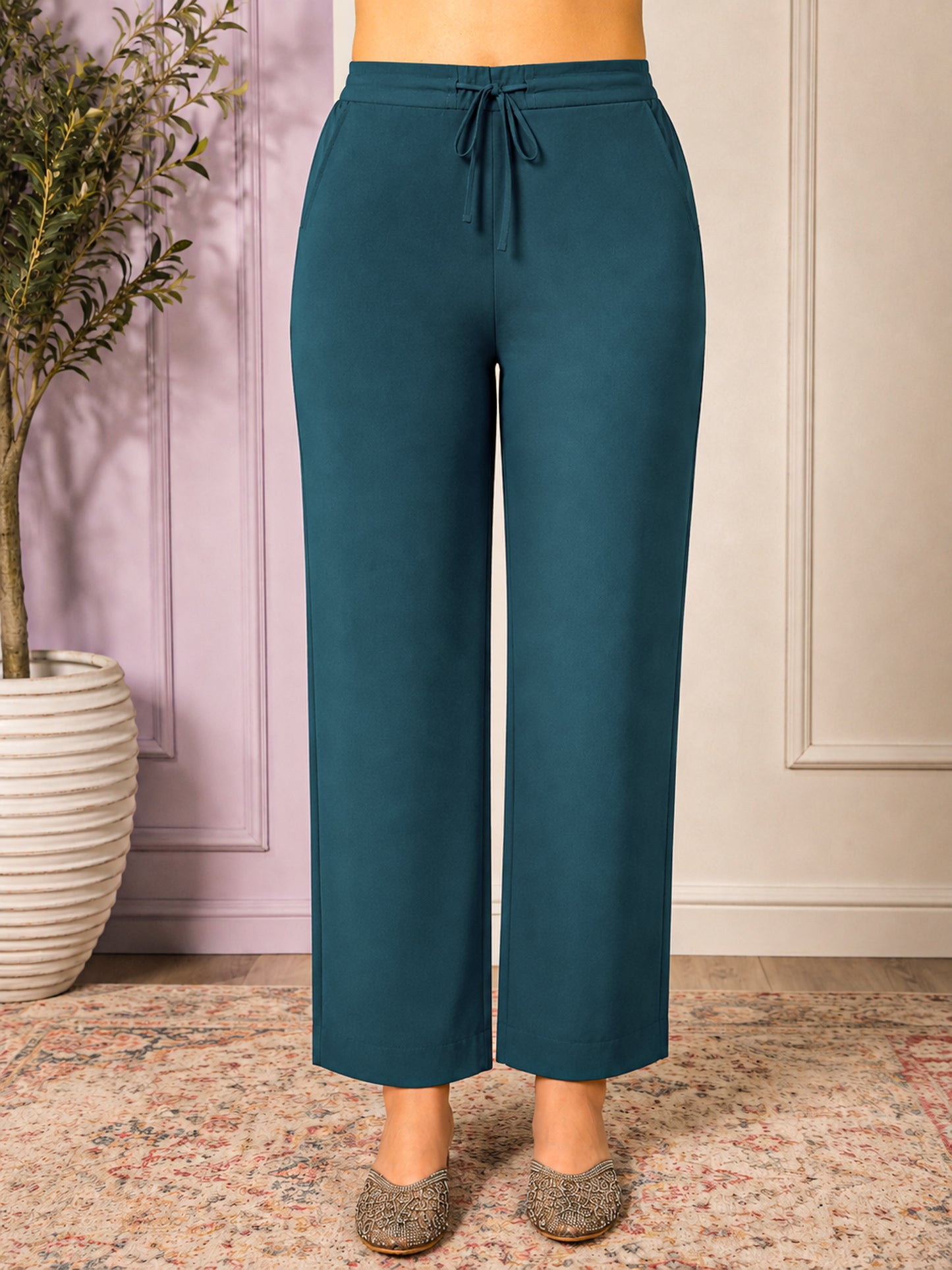 Chanderi Solid Teal Straight Trousers