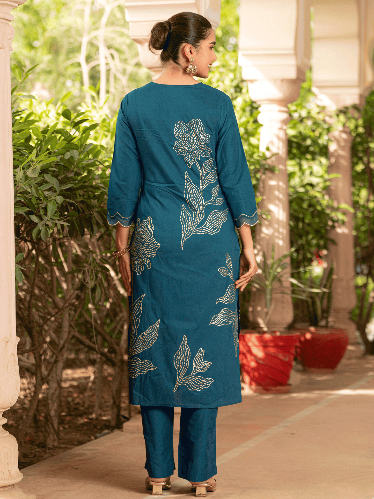 Embroidered Chanderi Placement Print A-line Teal Kurta