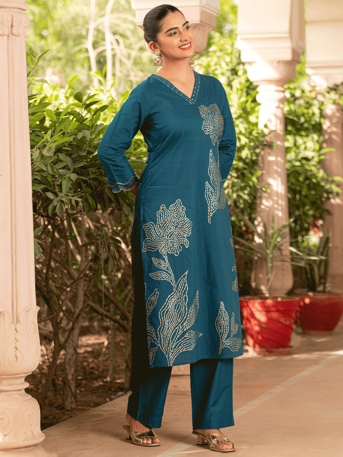 Embroidered Chanderi Placement Print A-line Teal Kurta