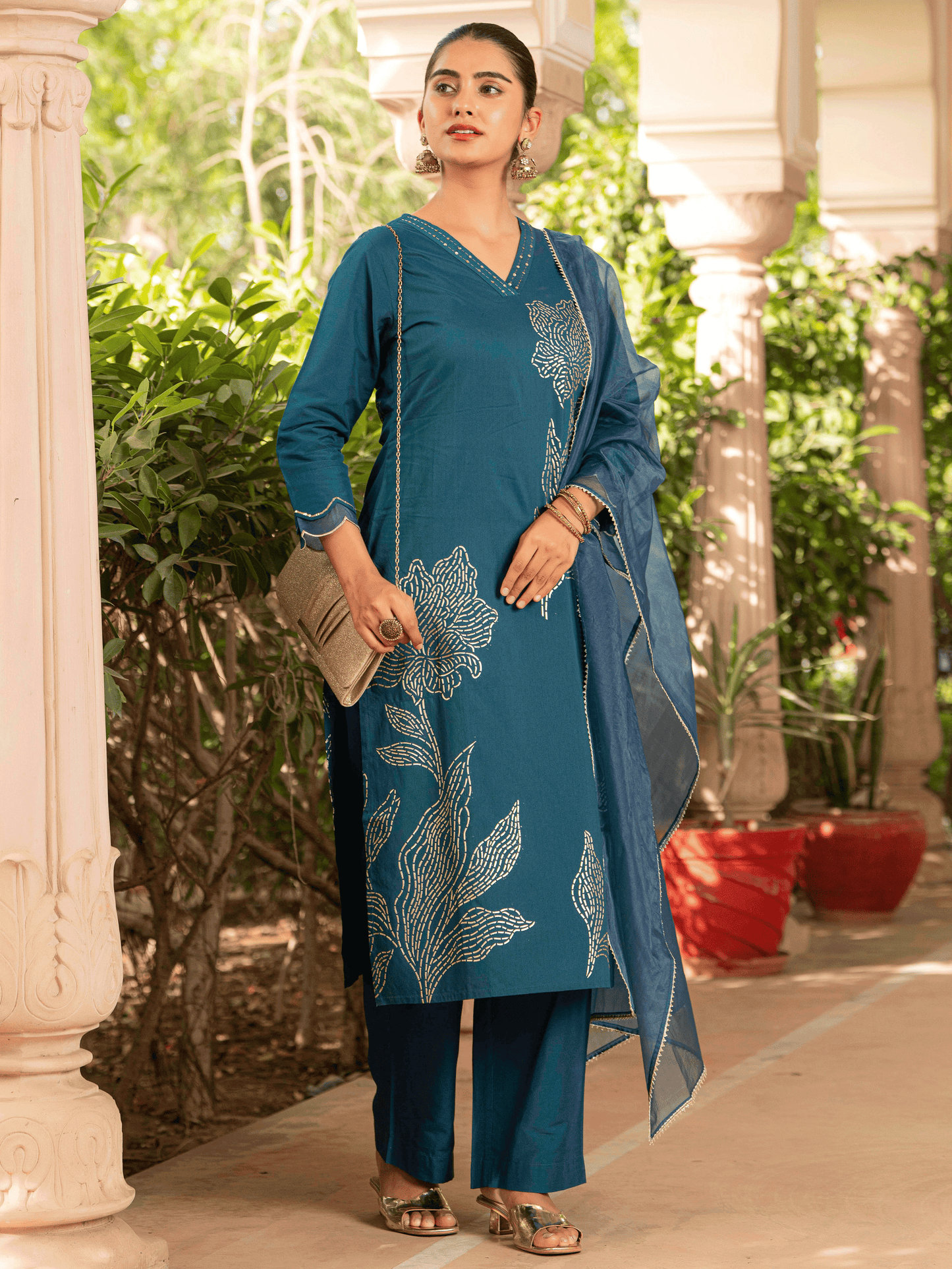 Embroidered Chanderi Placement Print A-line Teal Kurta