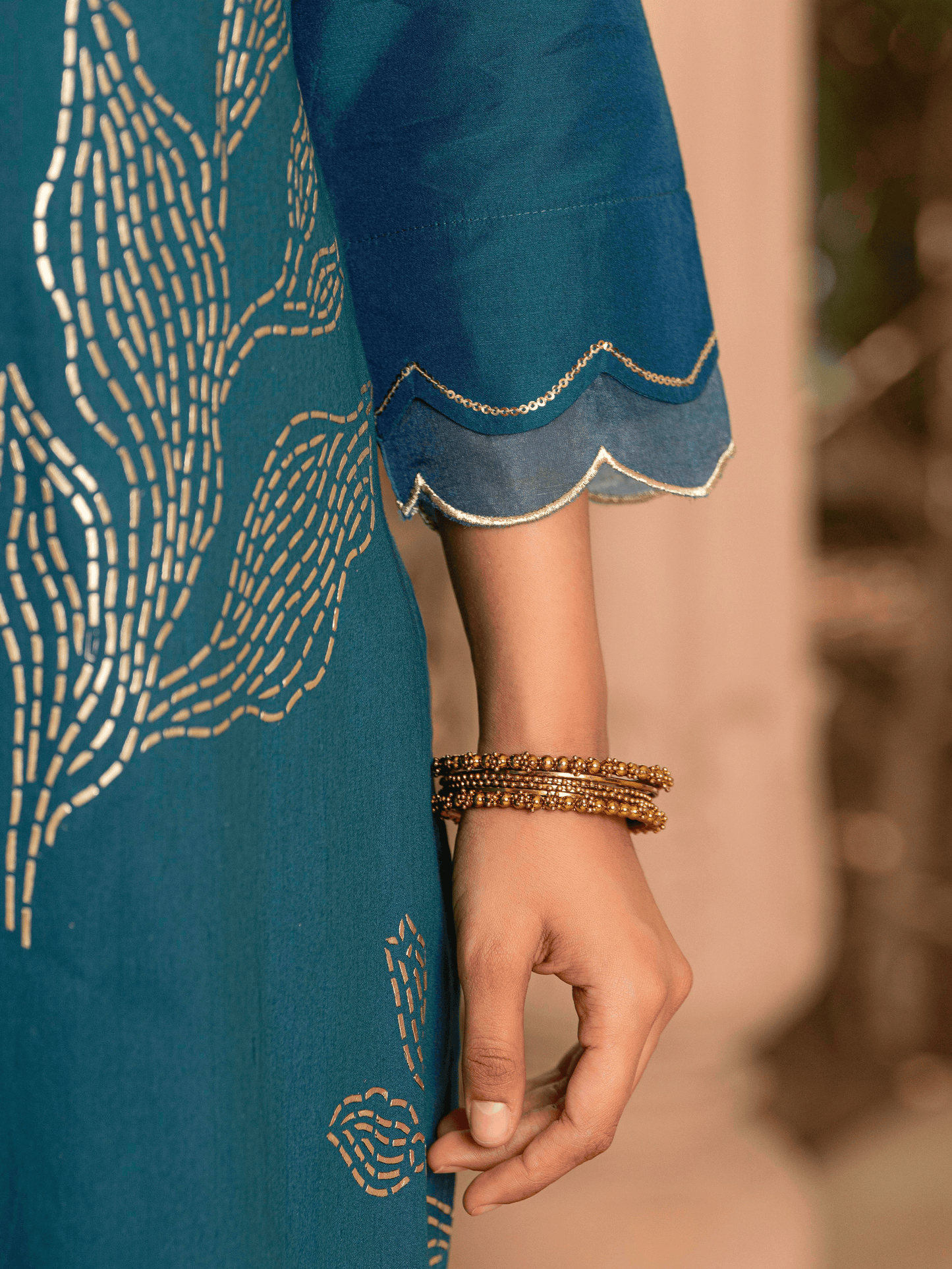 Embroidered Chanderi Placement Print A-line Teal Kurta