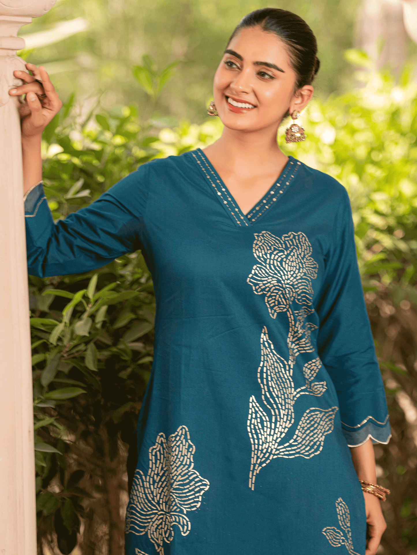 Embroidered Chanderi Placement Print A-line Teal Kurta