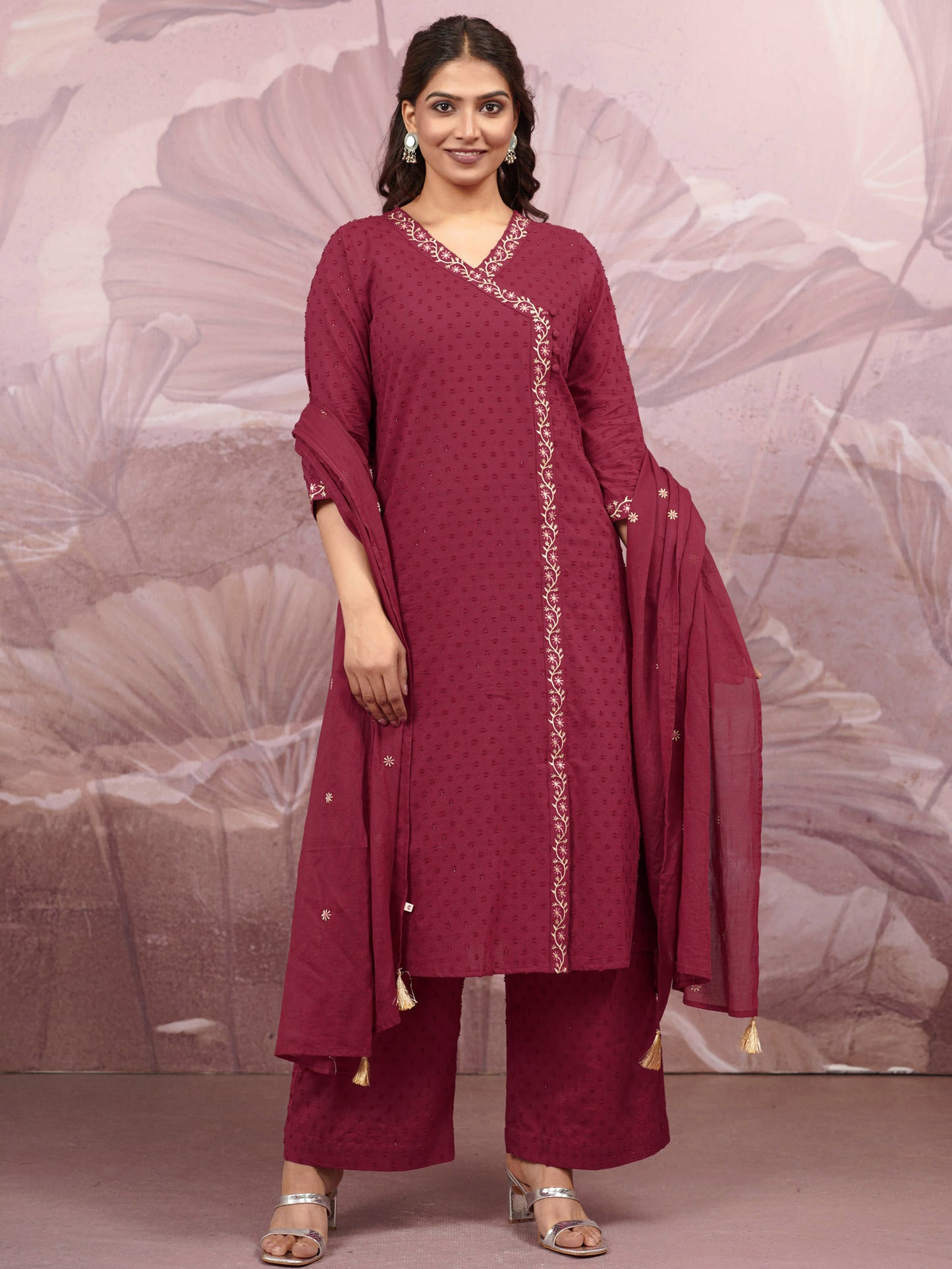 Embroidered Cotton Voile Solid Maroon Dupatta