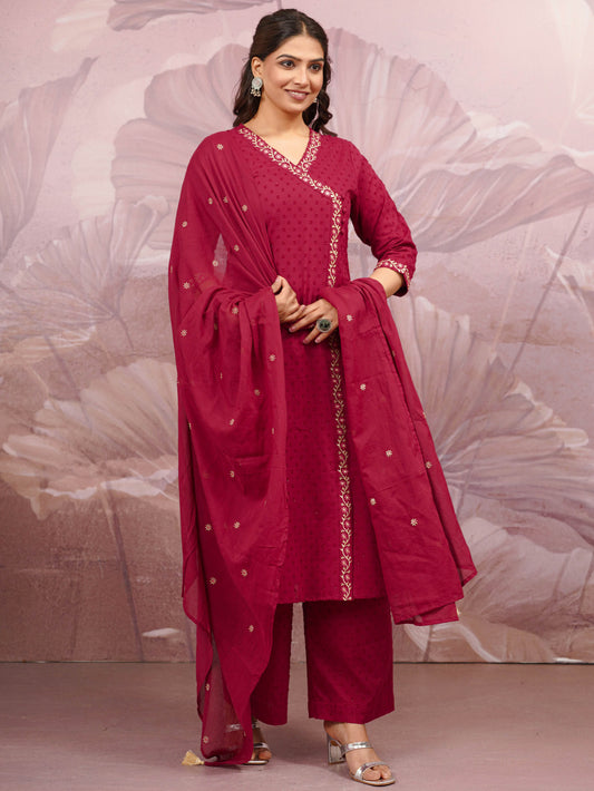 Embroidered Cotton Voile Solid Maroon Dupatta