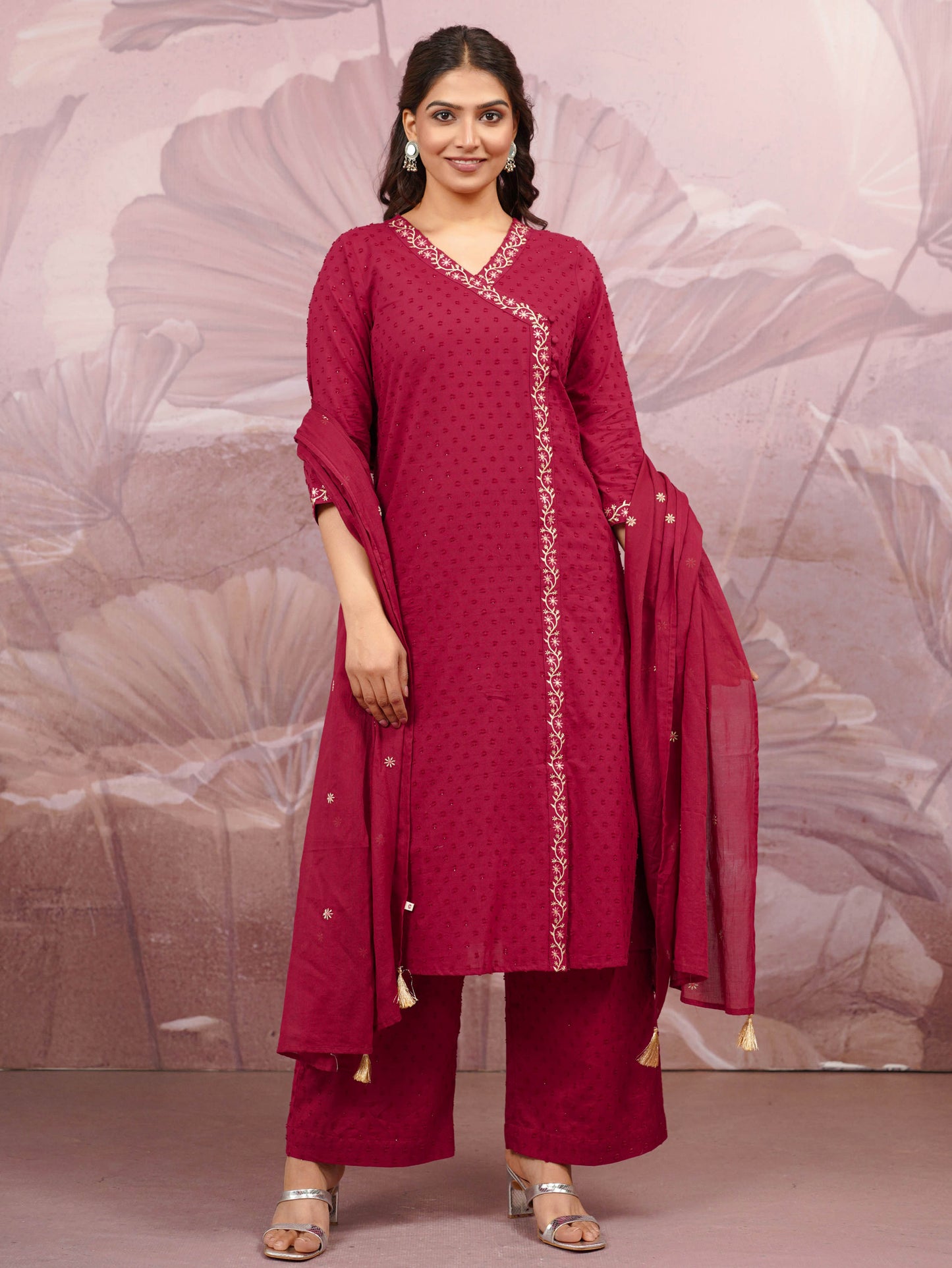 Embroidered Cotton Voile Solid Maroon Dupatta