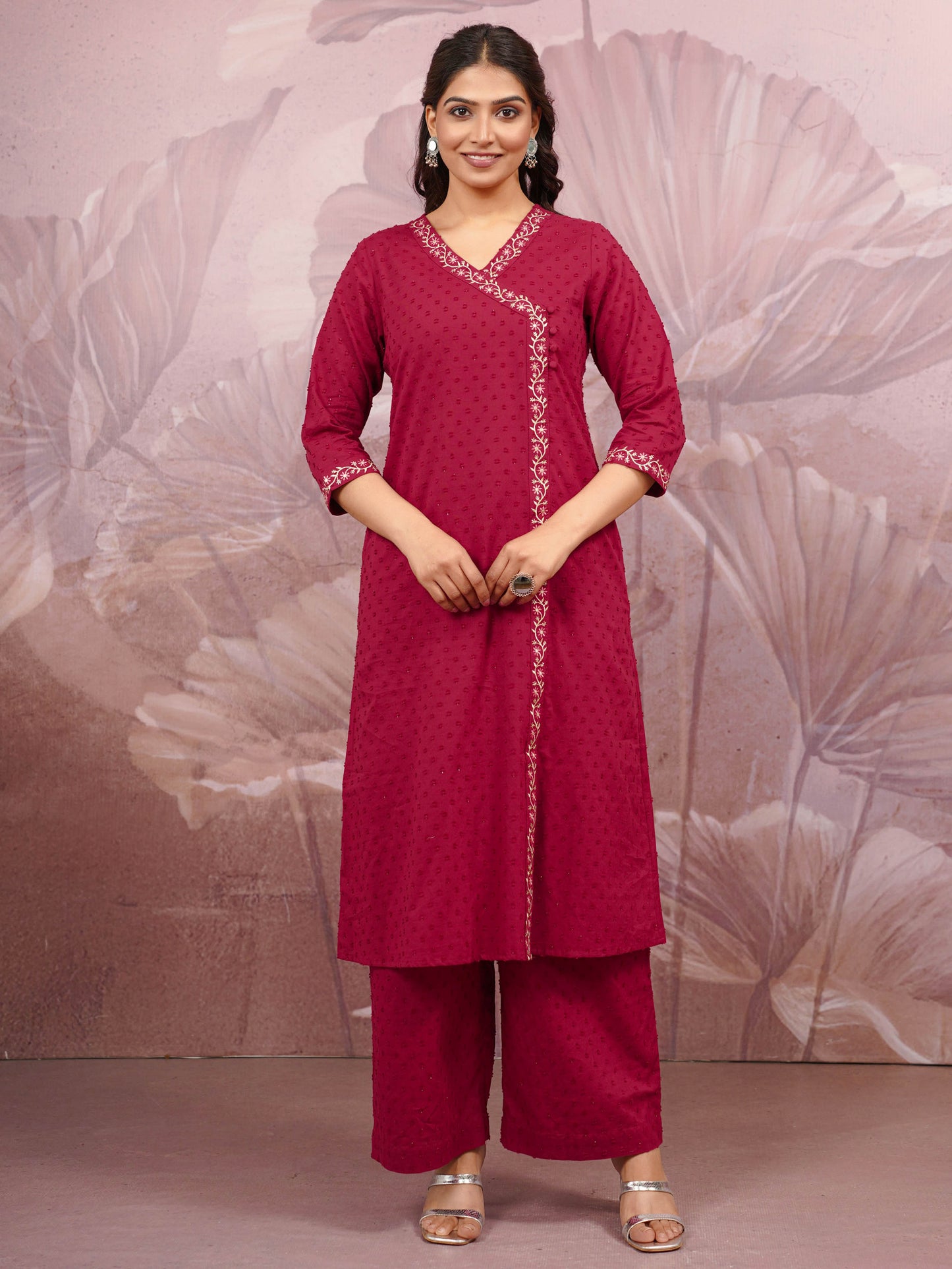 Embroidered Cotton Dobby Solid Straight Maroon Kurta